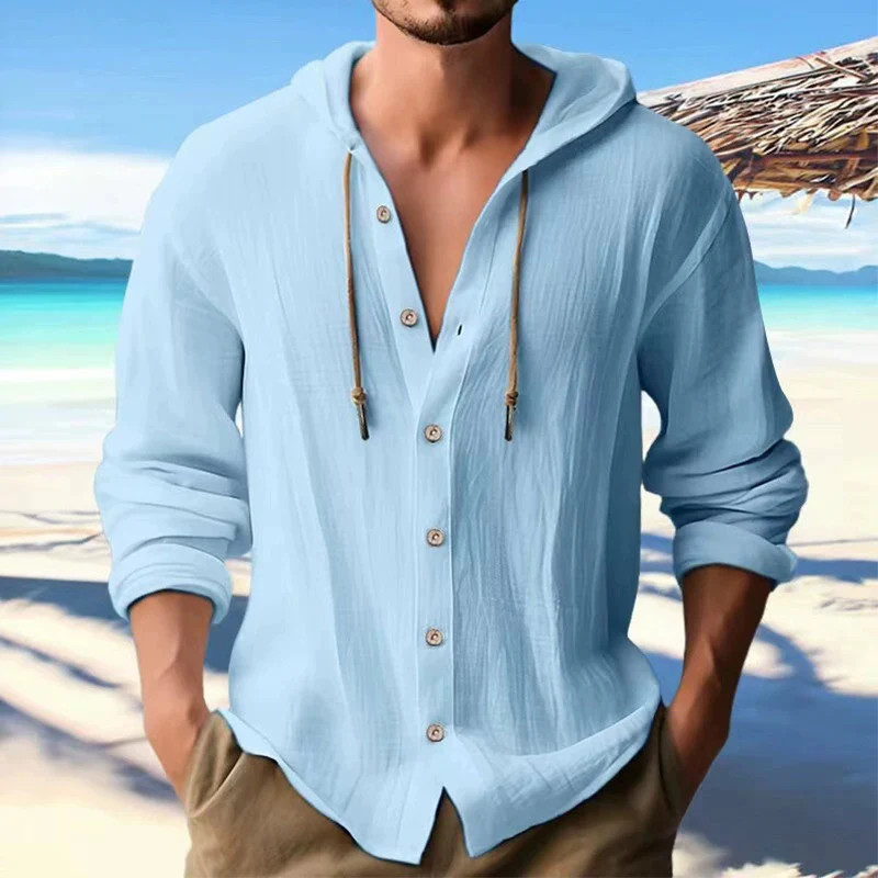 Men’s Solid Linen Long Sleeve Hooded Shirt Casual Streetwear Clothing Men Gift