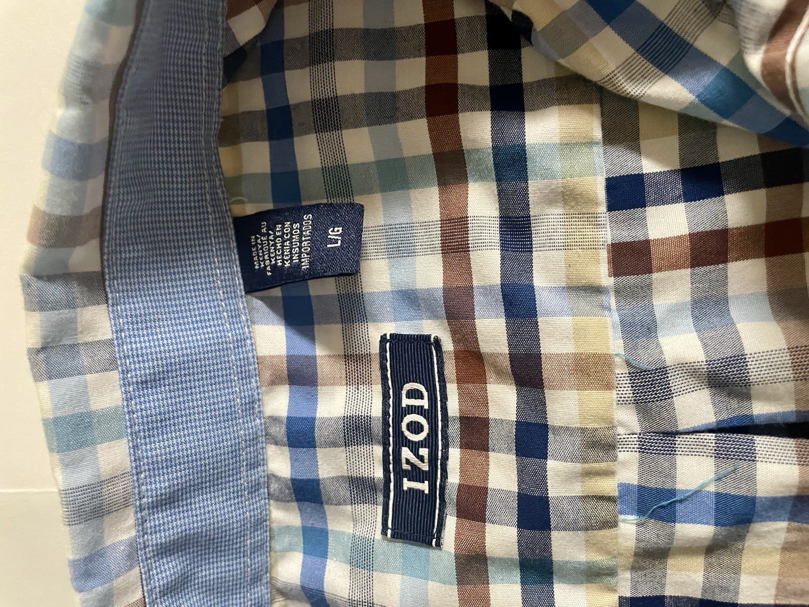 IZOD Mens Shirt Large L/G Plaid Button Down Long Sleeve Blue Brown Performance