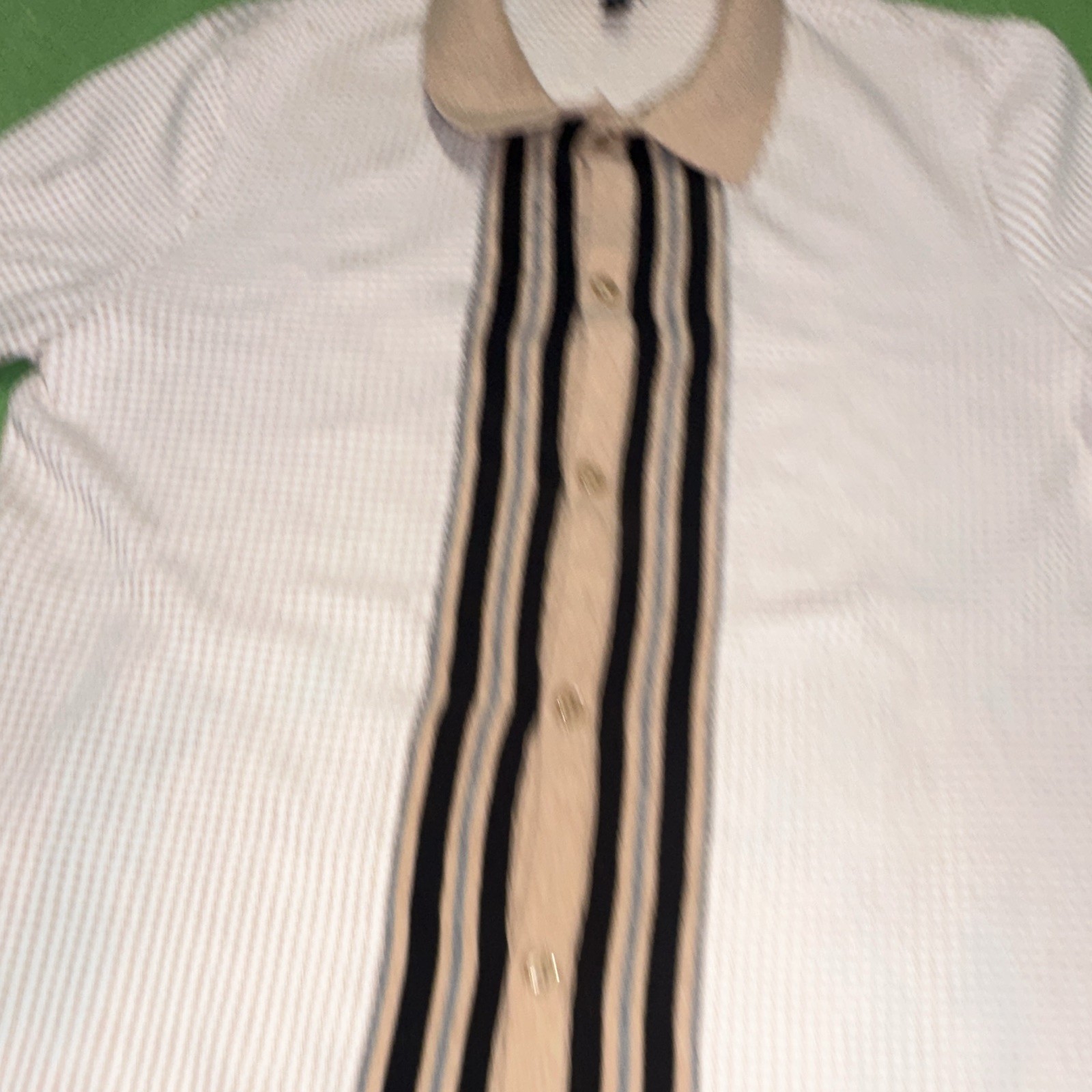 Express Men’s M Striped Knit Button-Up Shirt Beige White Black Short Sleeve