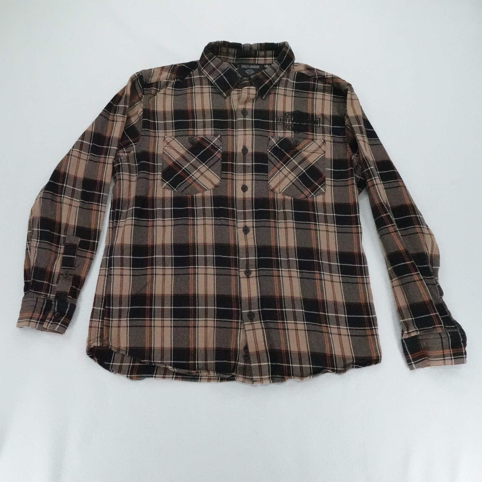 Harley Davidson Shirt Mens Large Brown Plaid Button Down Long Sleeve Embroidered