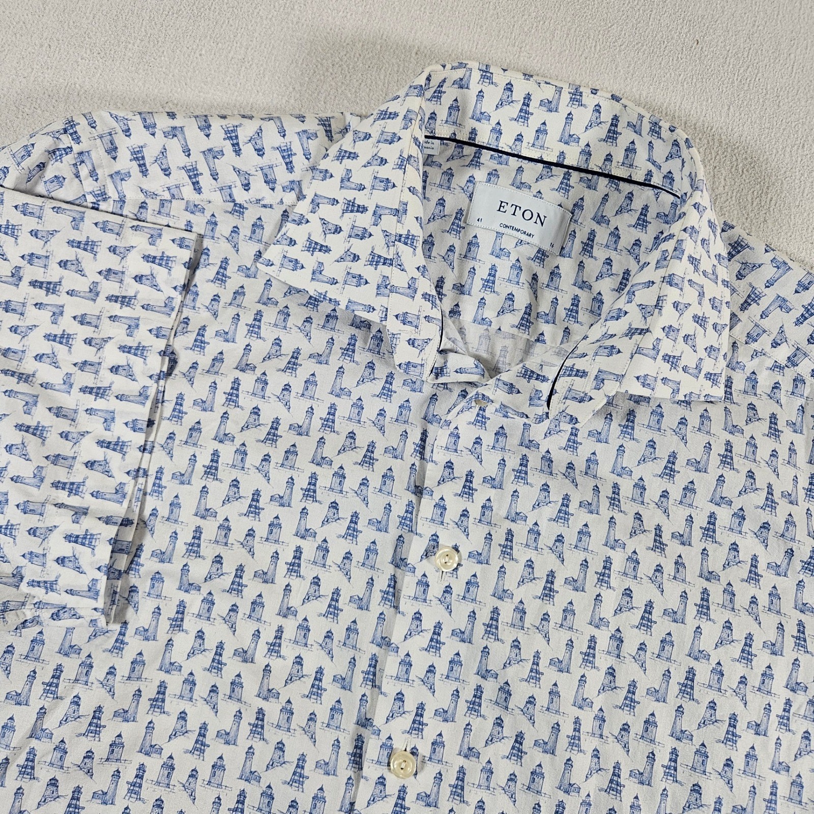 Eton Button Down Mens 16 41 White Blue Lighthouse Print Short Sleeve Twill Shirt