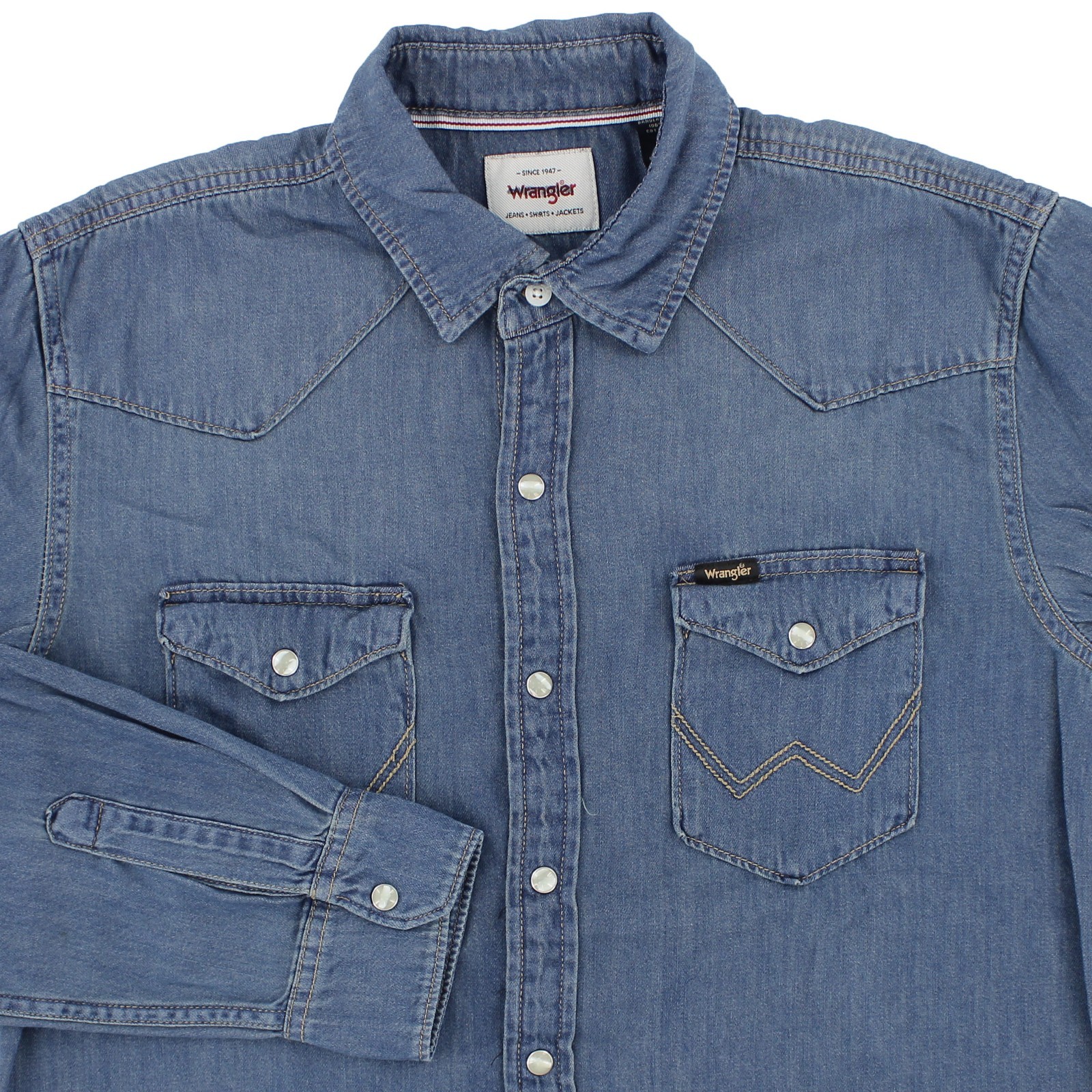 Wrangler Denim Western Shirt, Long Sleeve Snap Button Up, Front Snap Pockets