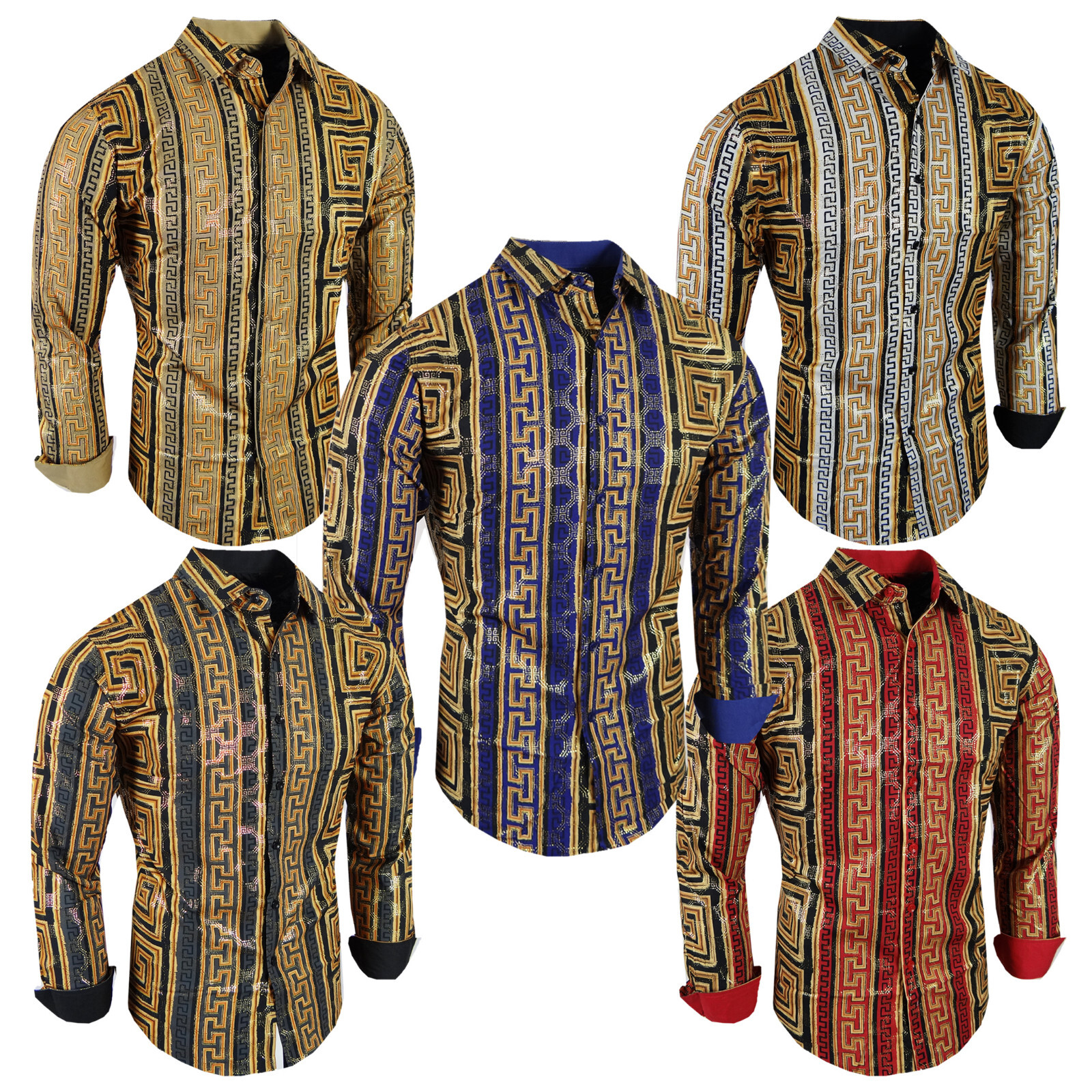 Men Designer Shirt Italian Stripe Gold Foil Overlay Stretch Slim Fit Button Up