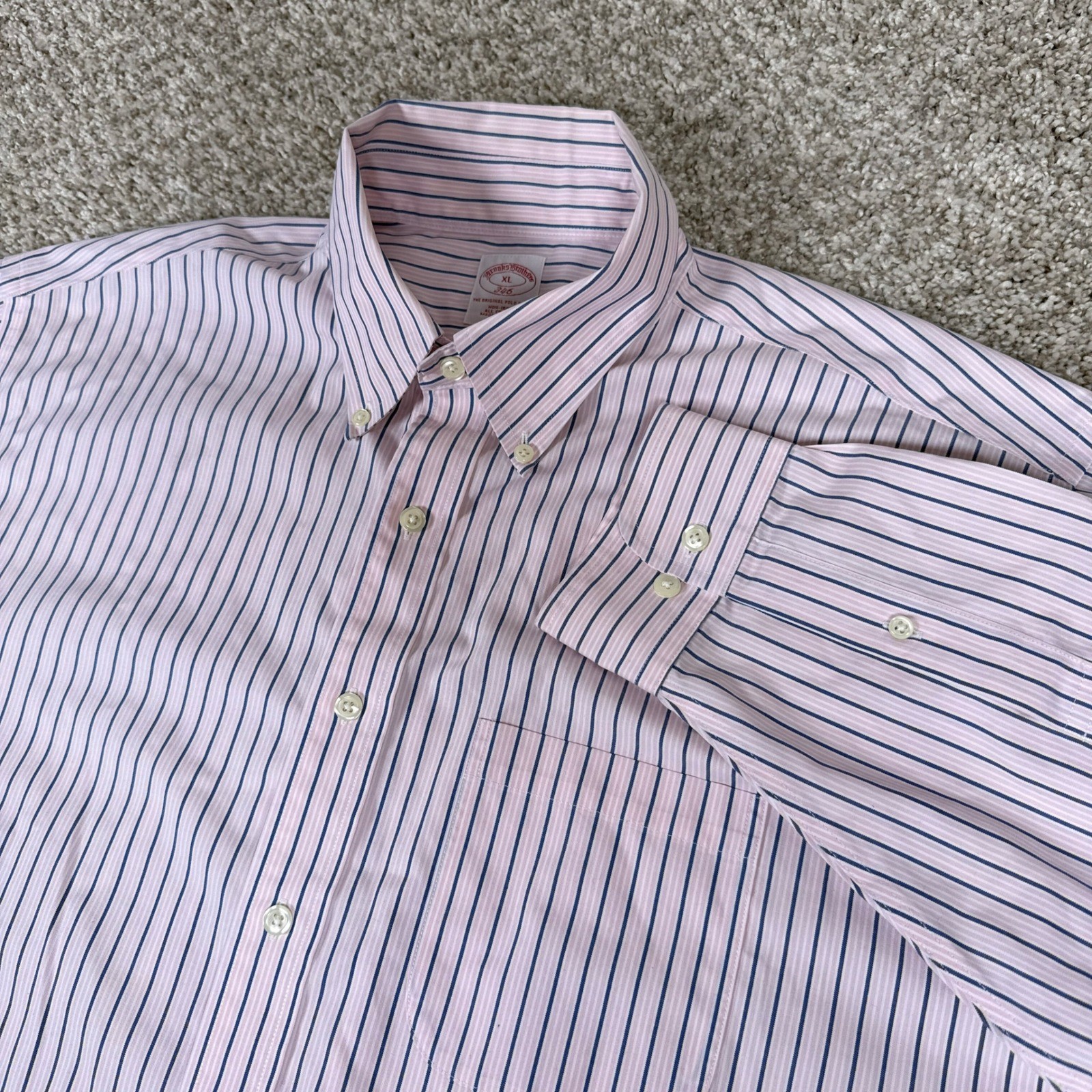 Brooks Brothers Shirt Mens XL Pink Blue Striped Cotton Non Iron Button Down