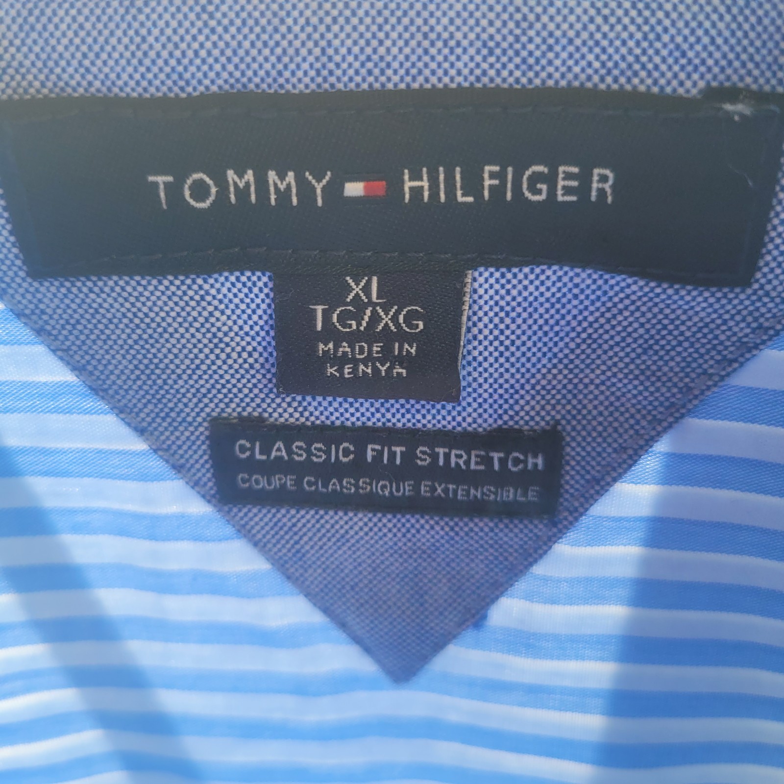 Tommy Hilfiger Men XL Embroidered Flag Blue Stripe Button Down Shirt Coastal Y2K