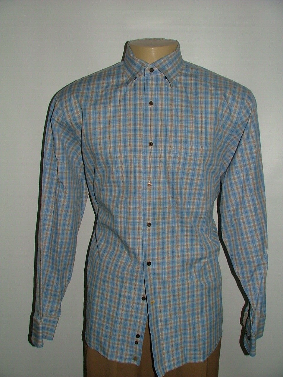 MENS ROBERT TALBOTT CASUAL SHIRT SIZE XL 100% COTTON BLUE BROWN PLAIDS #455