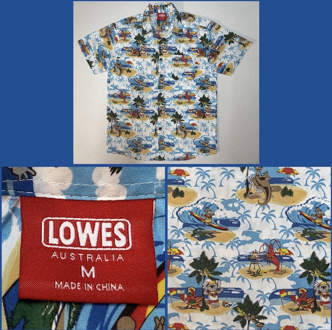 Vintage 80/90s Lowes Australia Sz M Hawaiian Shirt Aussie Animals Beach Chest 46