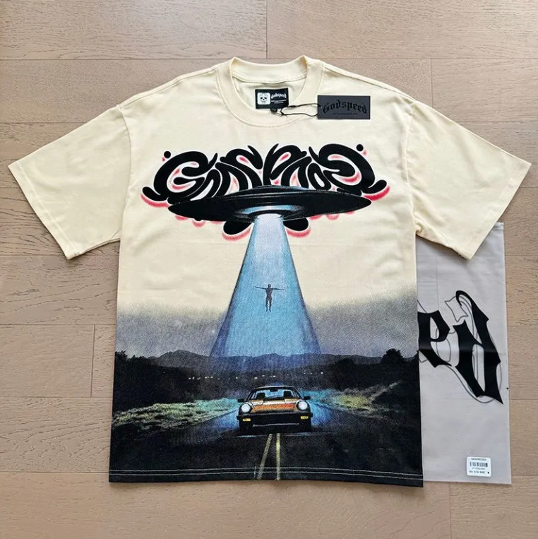 New Godspeed UFO Print Short sleeve Mens Casual Pure cotton T-shirt 2 Colors