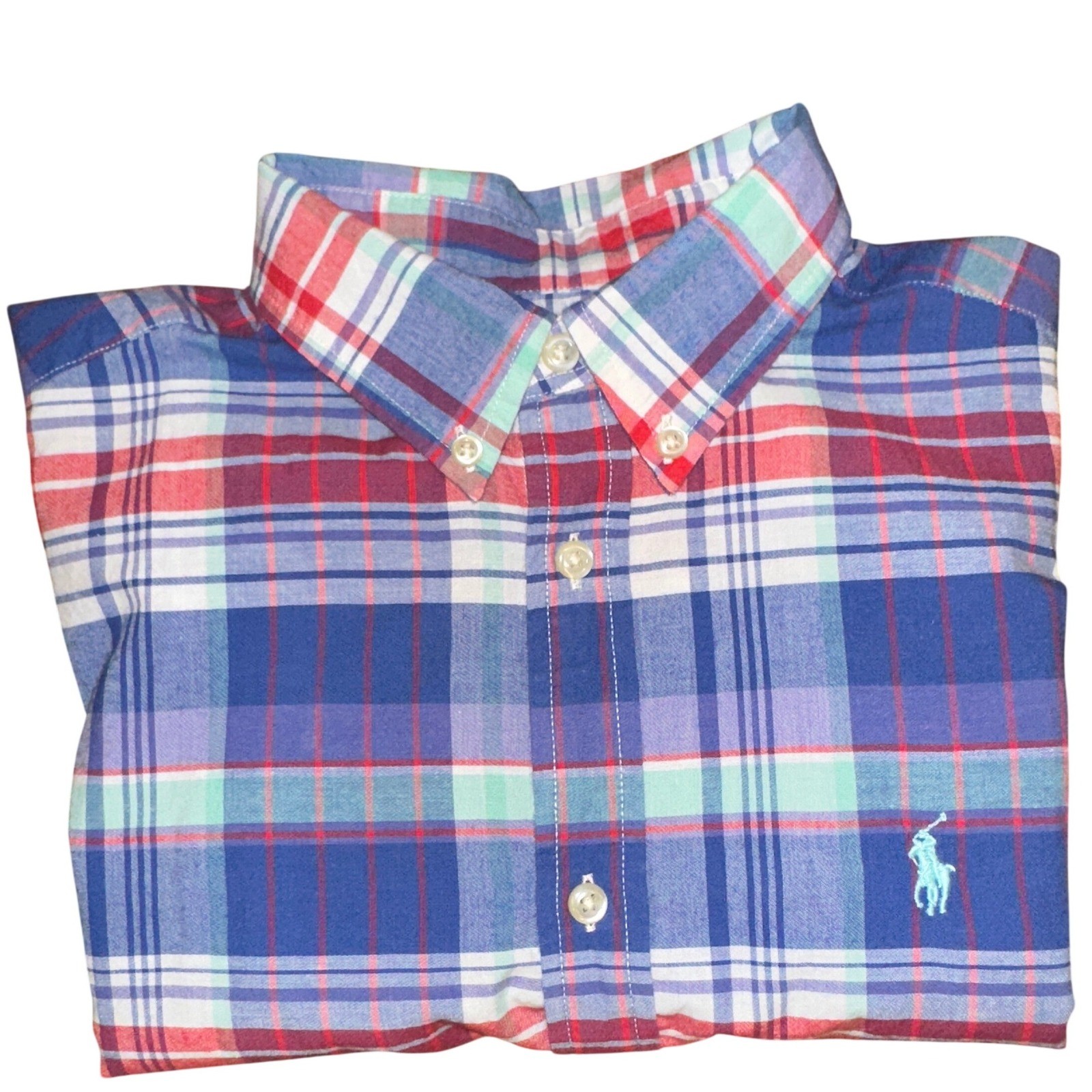 Polo Ralph Lauren Plaid Short Sleeve Button Down Shirt Blue Red Cotton Men 40″