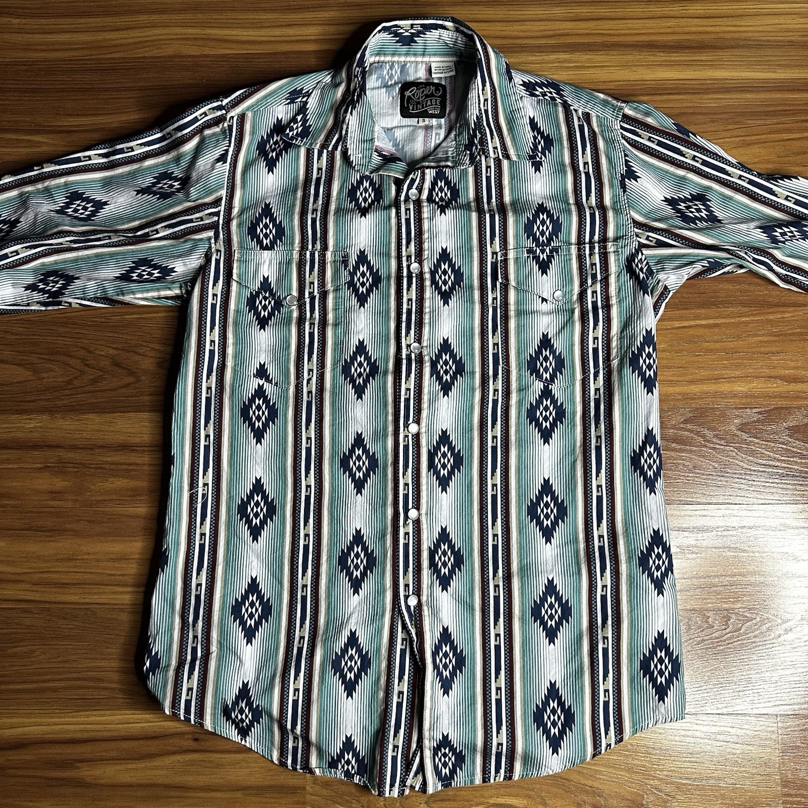Roper Vintage Pearl Snap Shirt Mens Small Teal Aztec Southwestern Texas Rodeo