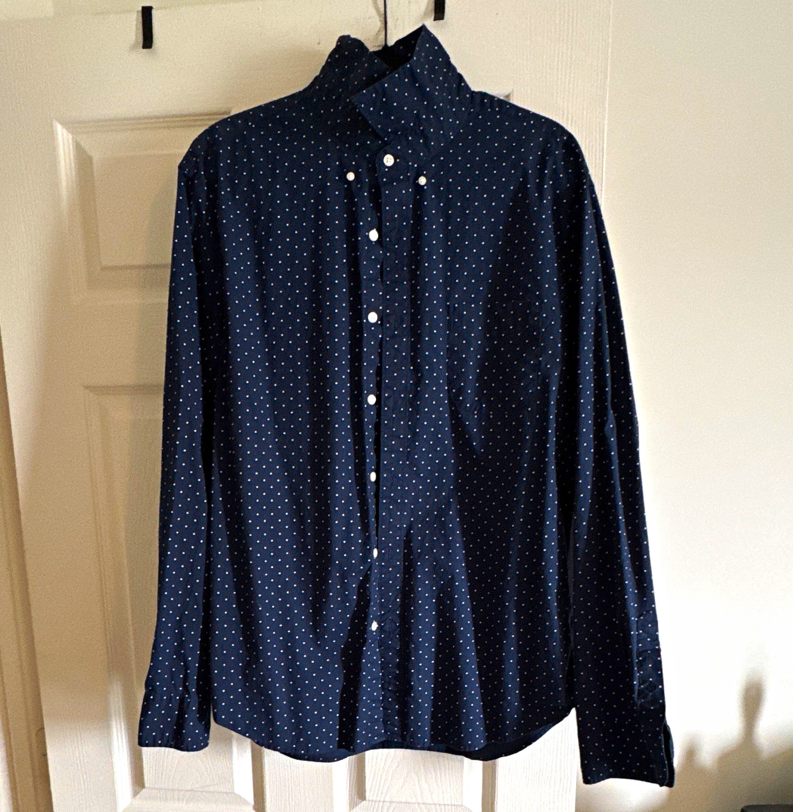 J.Crew Men’s Slim Fit XL Blue/White Polka Dot Stretch Long Sleeve Button-Up