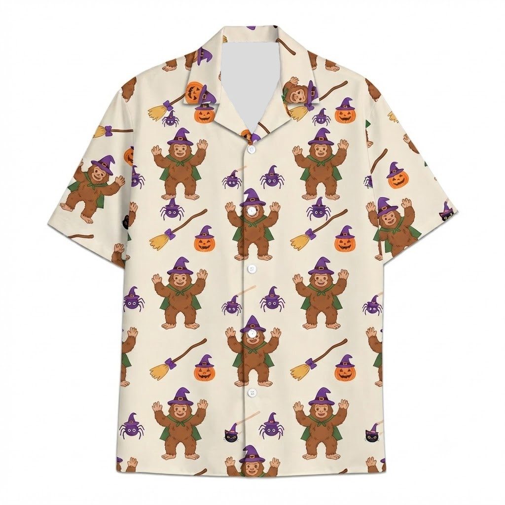 Bigfoot Witch Halloween Cream Hawaiian Shirt Friends Gift