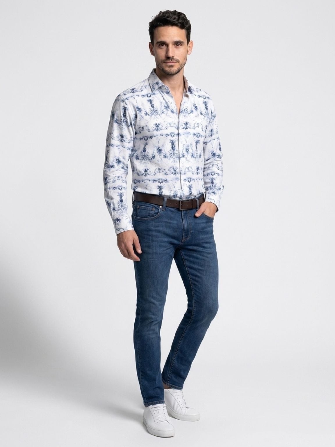 Tommy Bahama Island Soft Men’s Blue and White Toile Damask Print LS Shirt