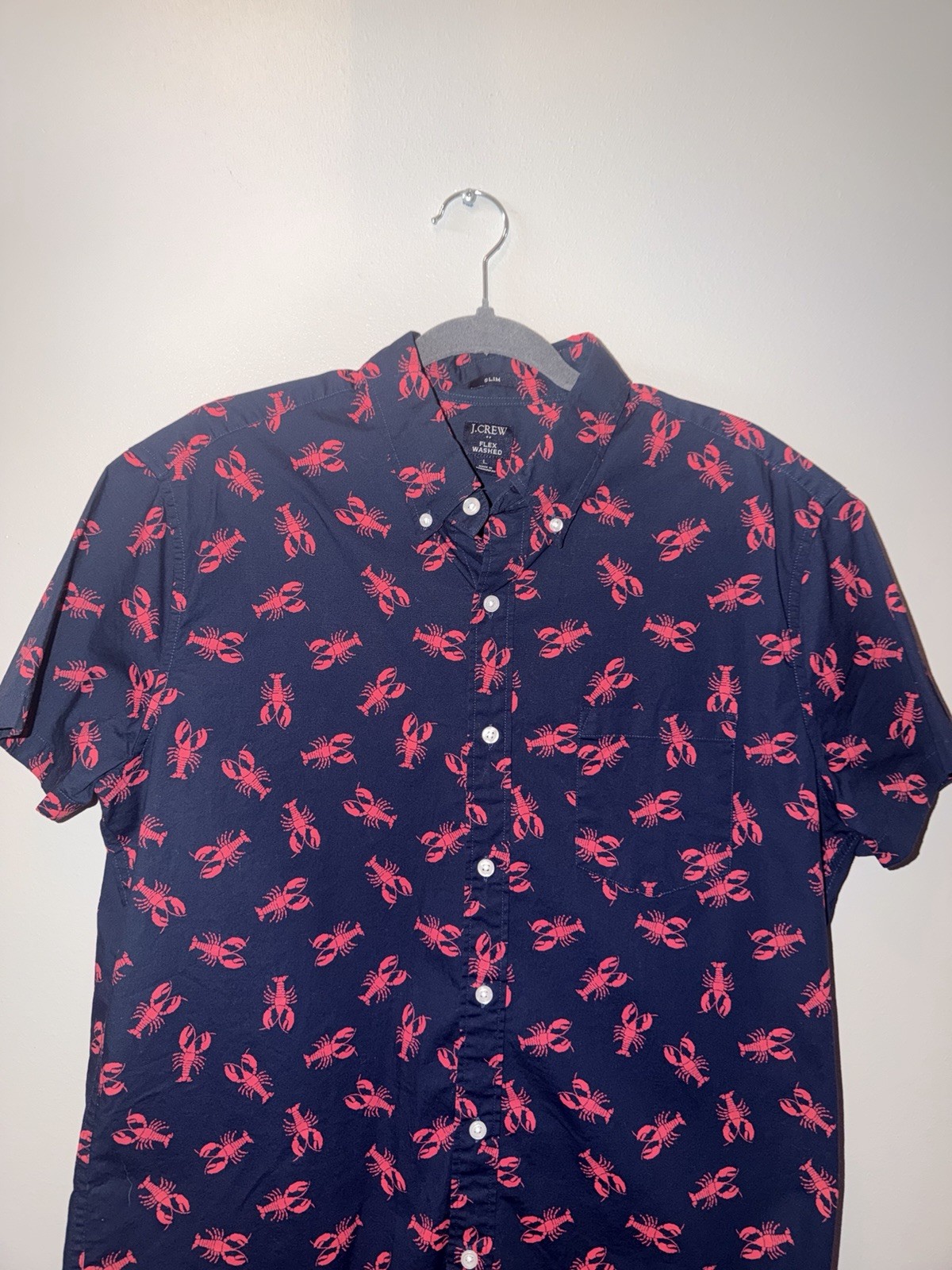J.CREW Flex Washed Men’s L Slim Navy/Red Lobster Stretch Short Sleeve Button-Up