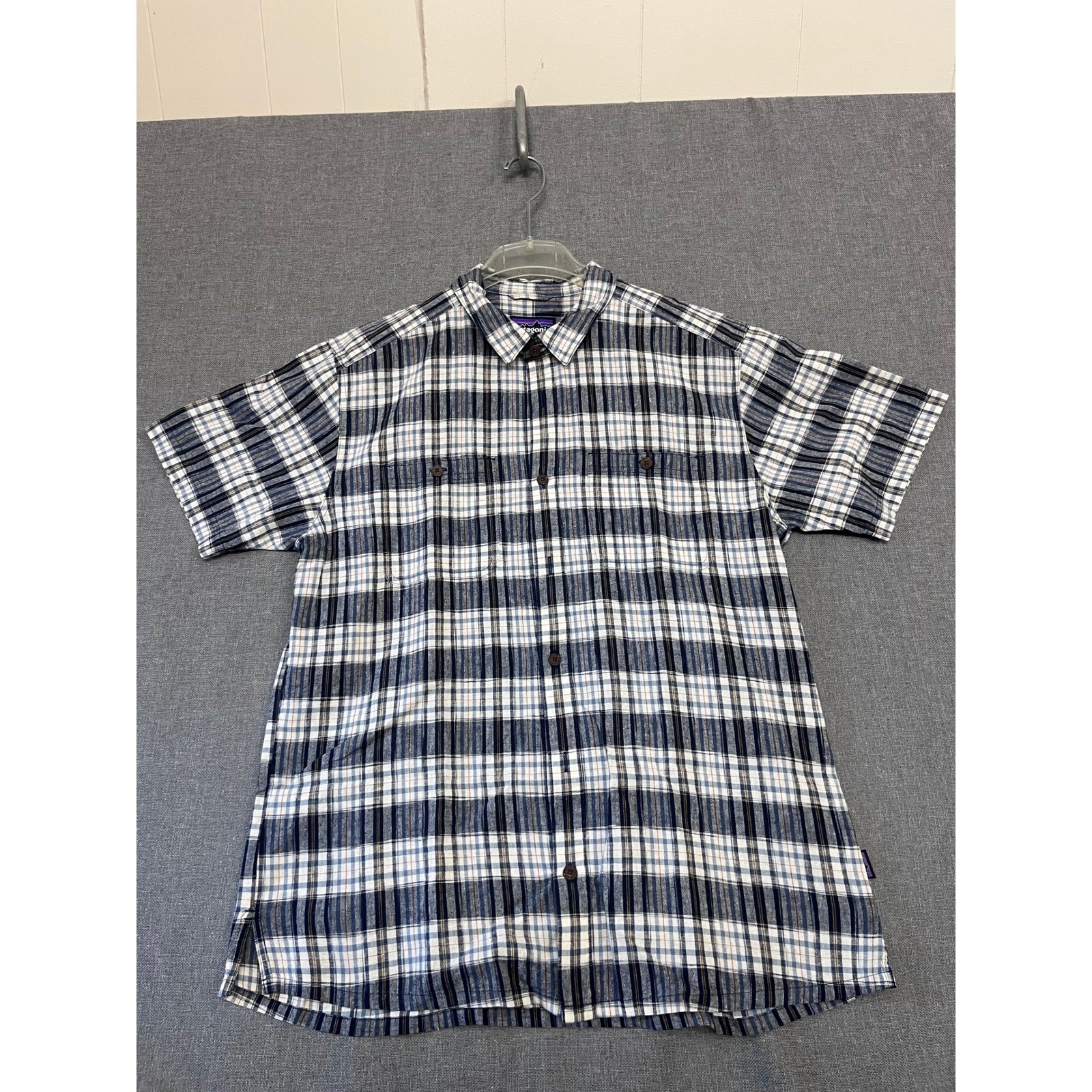 Patagonia Mens Navy White Plaid Hemp Cotton Short Sleeve Button Down Shirt L