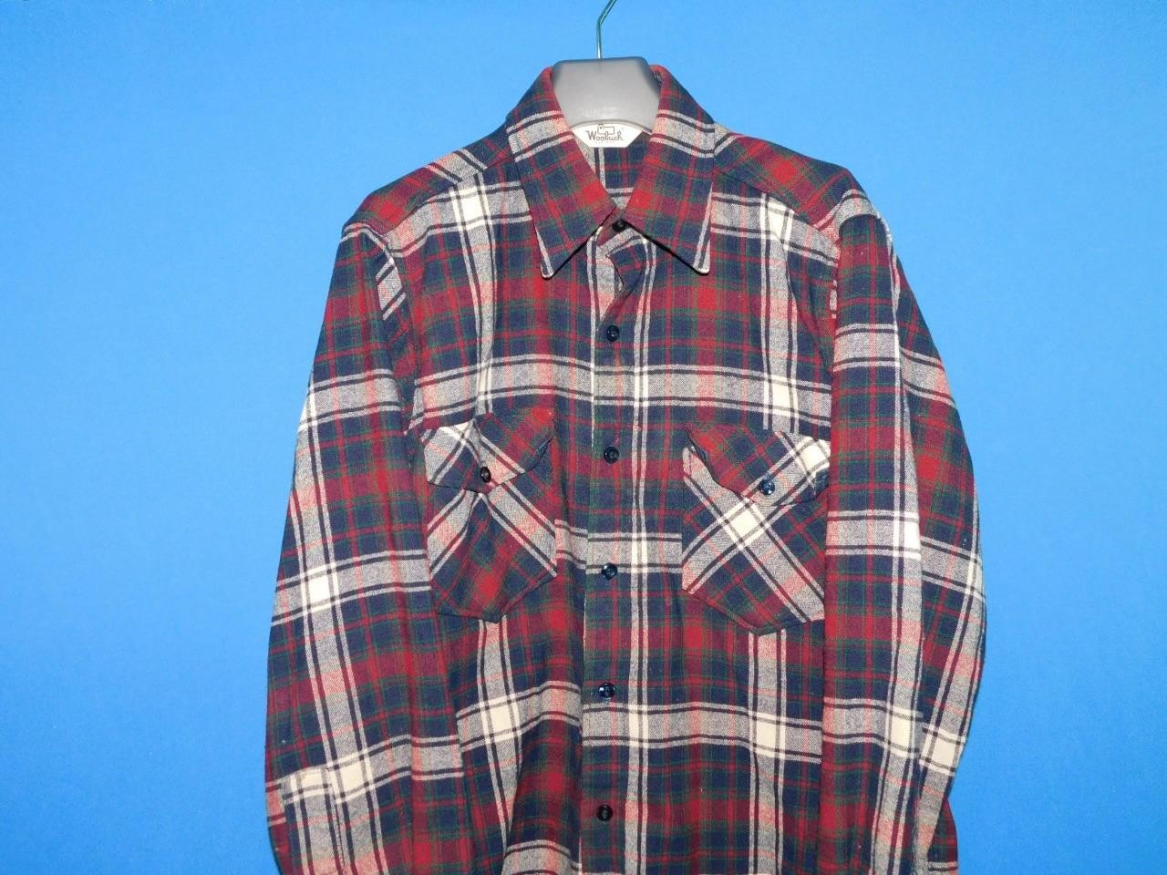 Vintage Woolrich L Red Blue Plaid Wool Shirt Button Front Machine Washable Mens