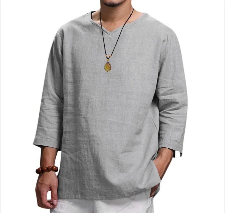 Men’s 3/4 Sleeve Casual Cotton Pullover V-Neck Loose Fit Beach Shirt