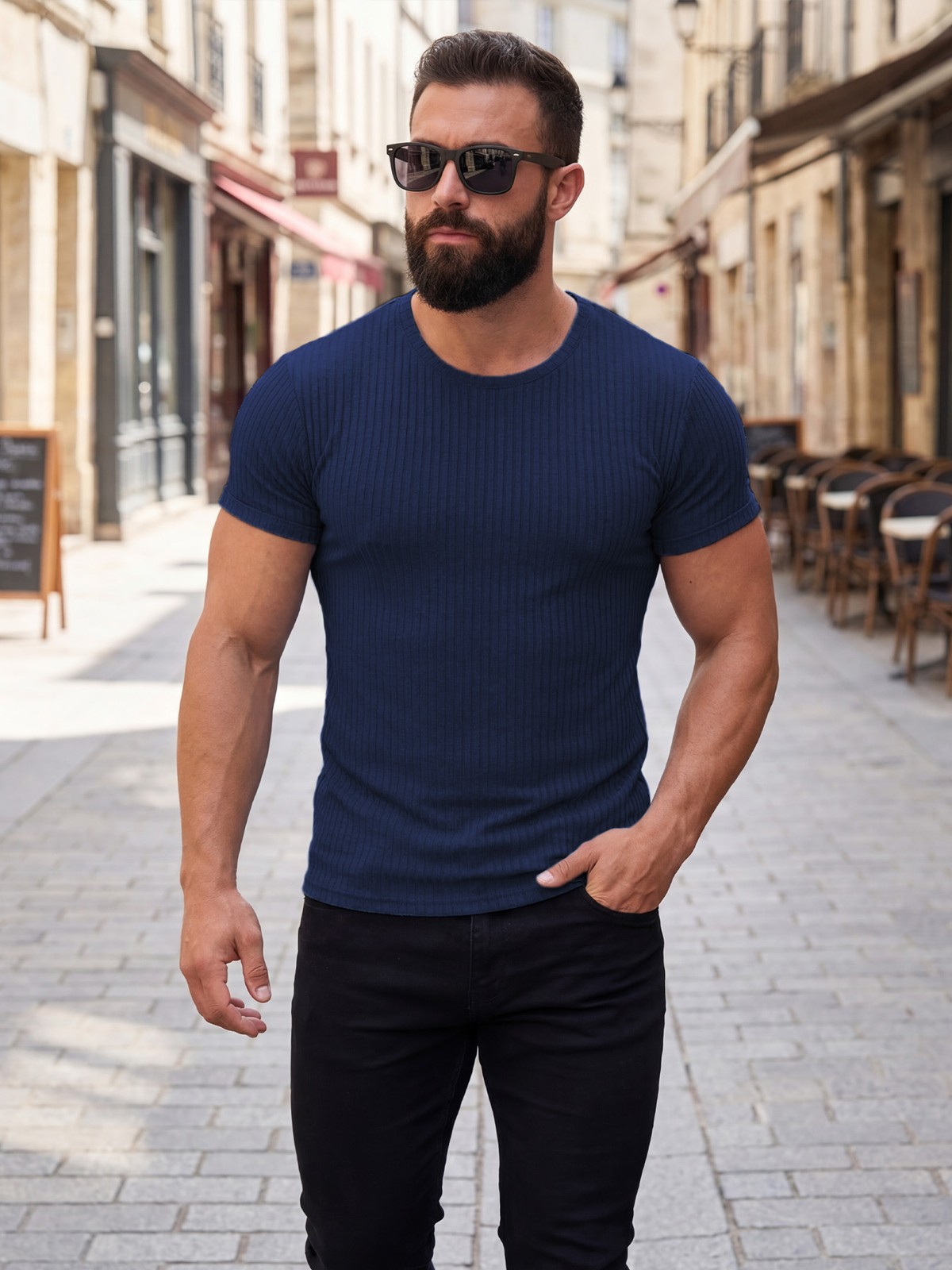 Summer Vertical Stripe Stretch Crew Neck Athletic Tee