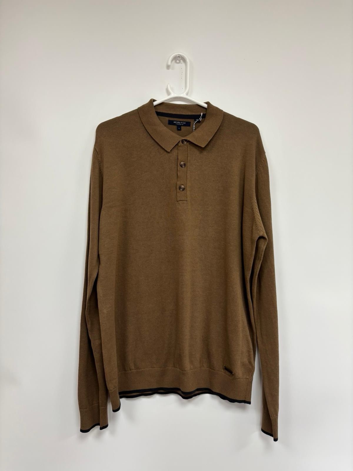 Men’s Weird Fish Alden Long Sleeve Knitted Polo in Mocha Brown Size Large