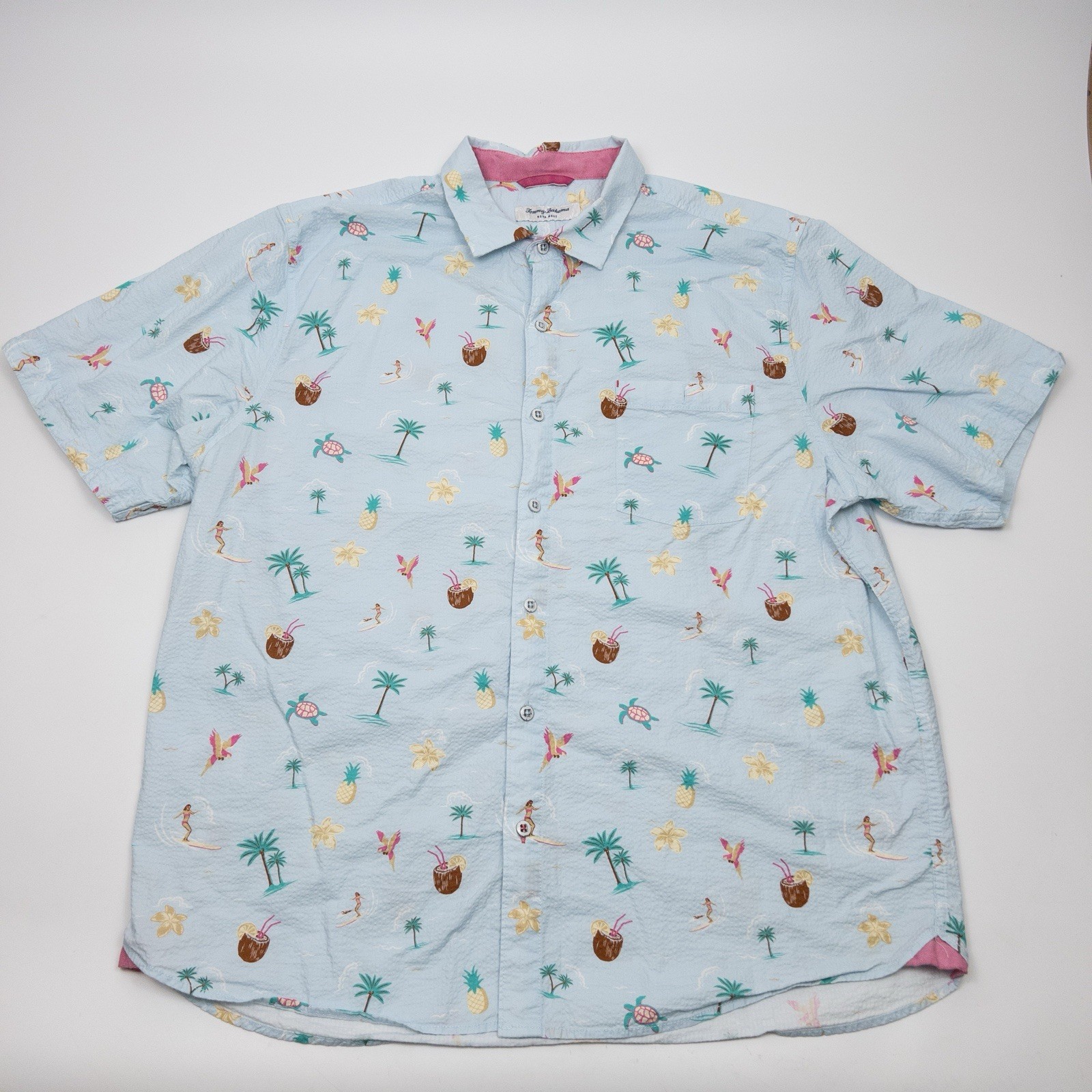 Tommy Bahama Shirt Mens XL Blue Nova Wave Seersucker Short Sleeve Tropical Print