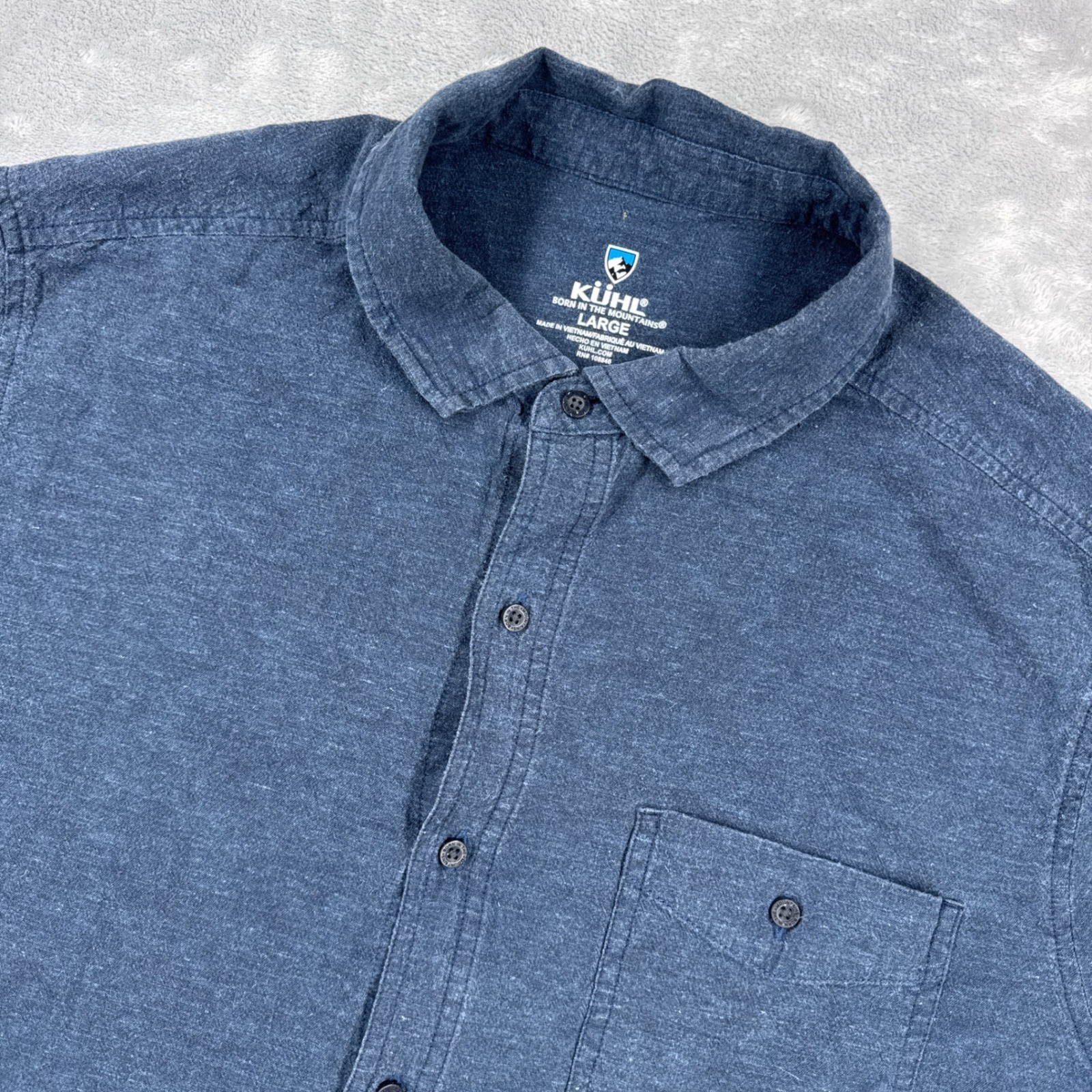 KUHL Getaway Shirt Mens L Blue Short Sleeve Hemp Tencel Stretch Button Down
