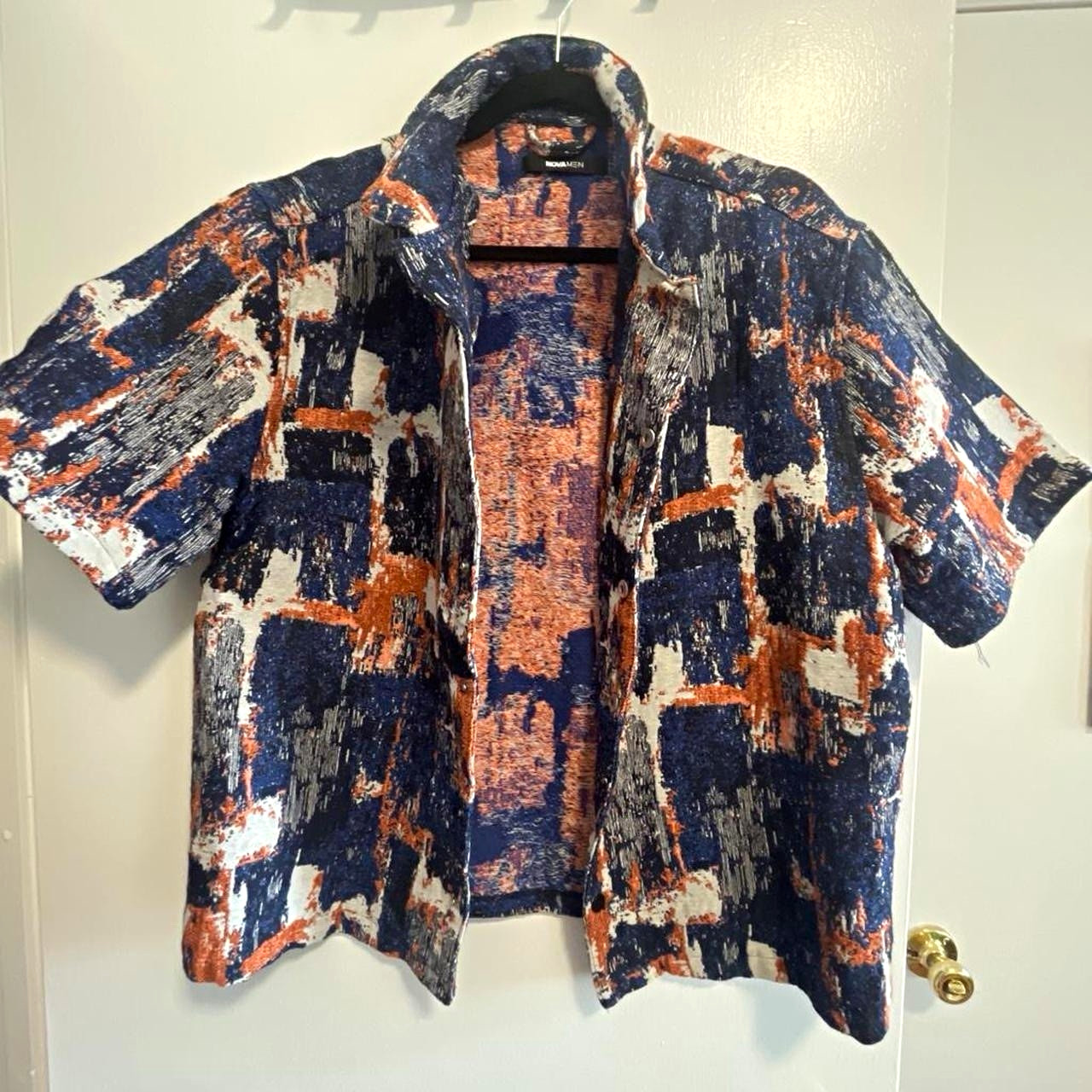 Fashion Nova Men’s M Abstract Button-Up Shirt Blue Orange White Short Sleeve