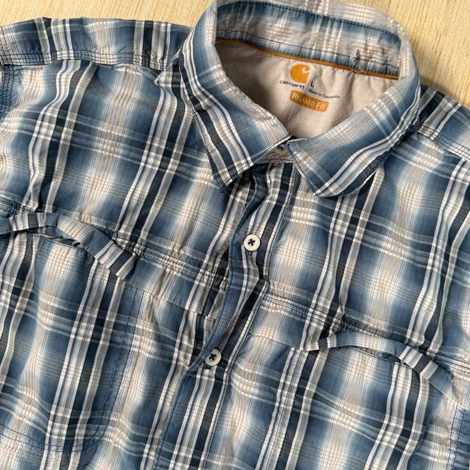 Carhartt Force Shirt Large Relaxed Fit Plaid Blue Cotton Nylon Workwear Tech