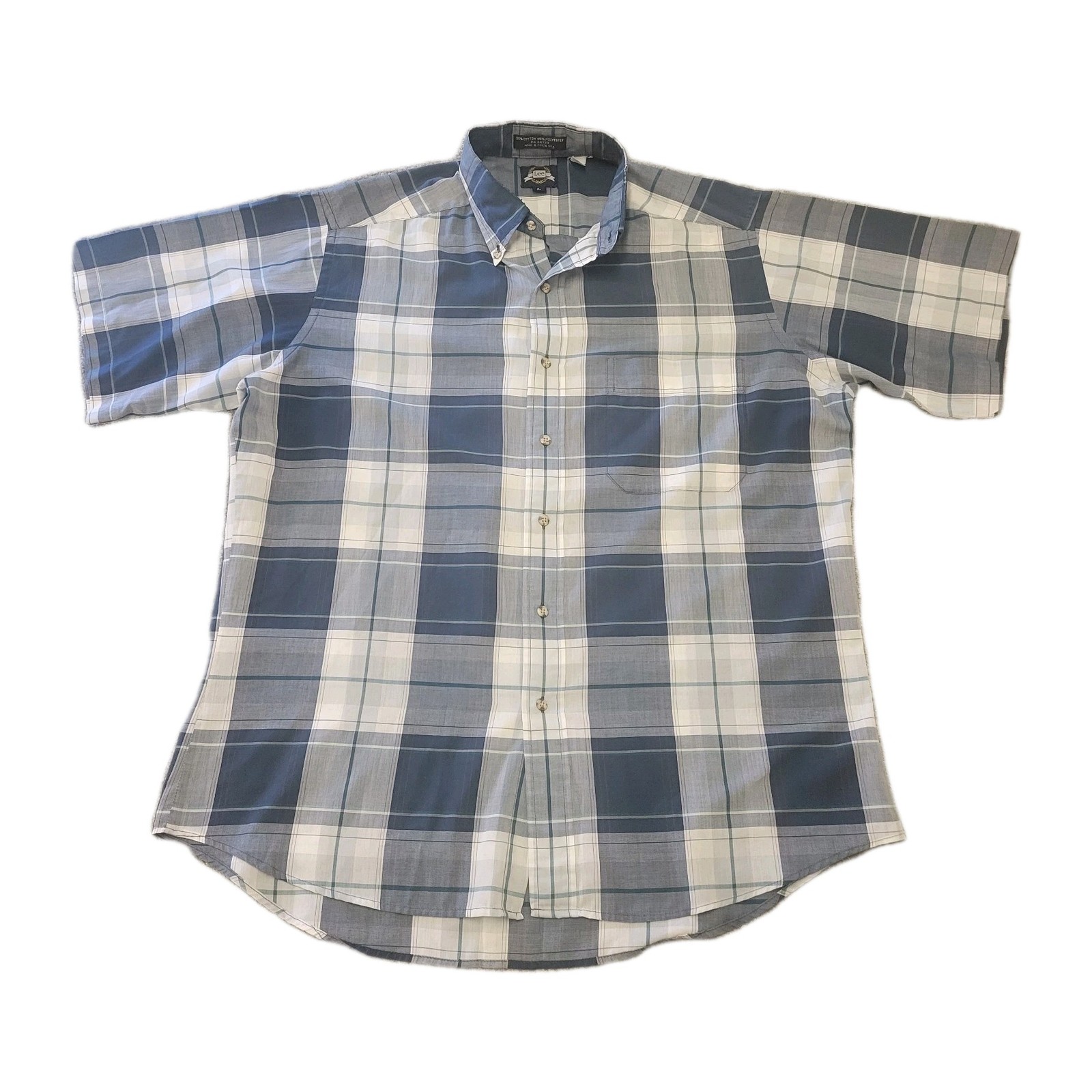 Lee Mens Large Short Sleeve Button Down Plaid Blue White Cotton Polyester Blend