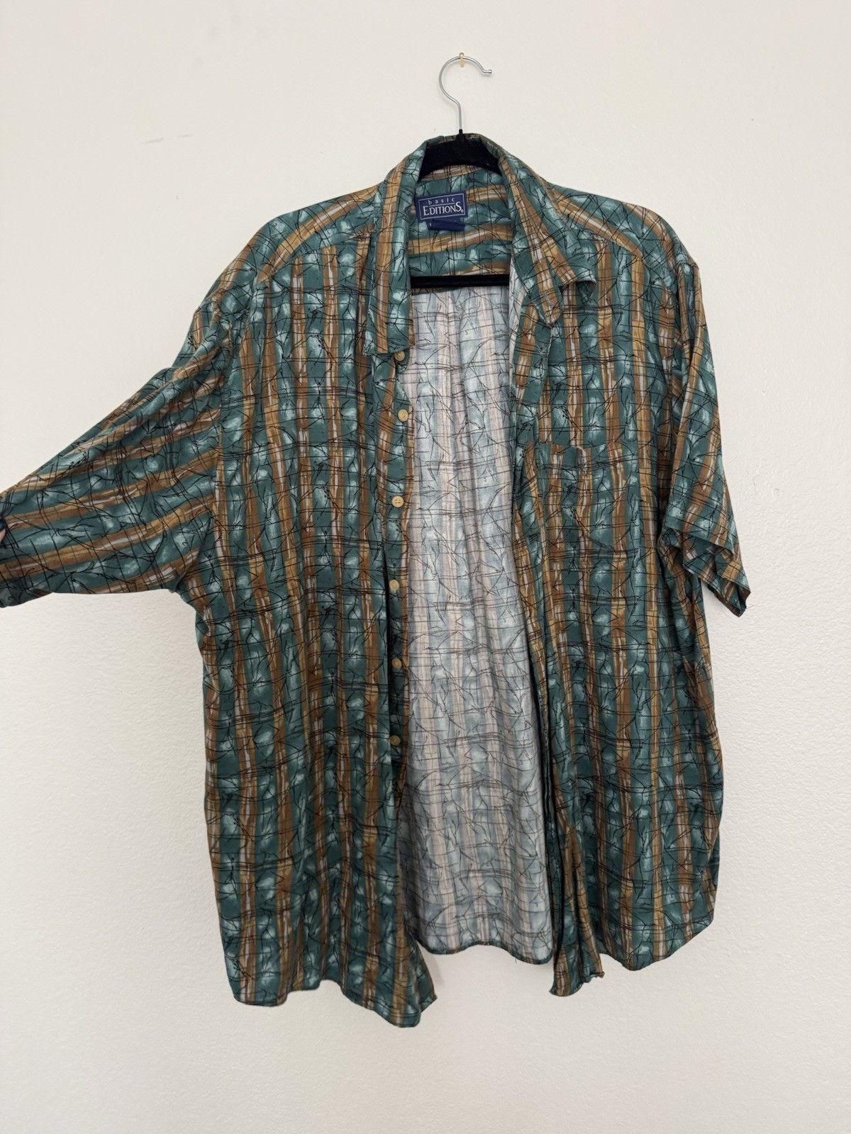 Vintage Basic Editions Mens Short Sleeve Button Down Shirt Teal Abstract XL