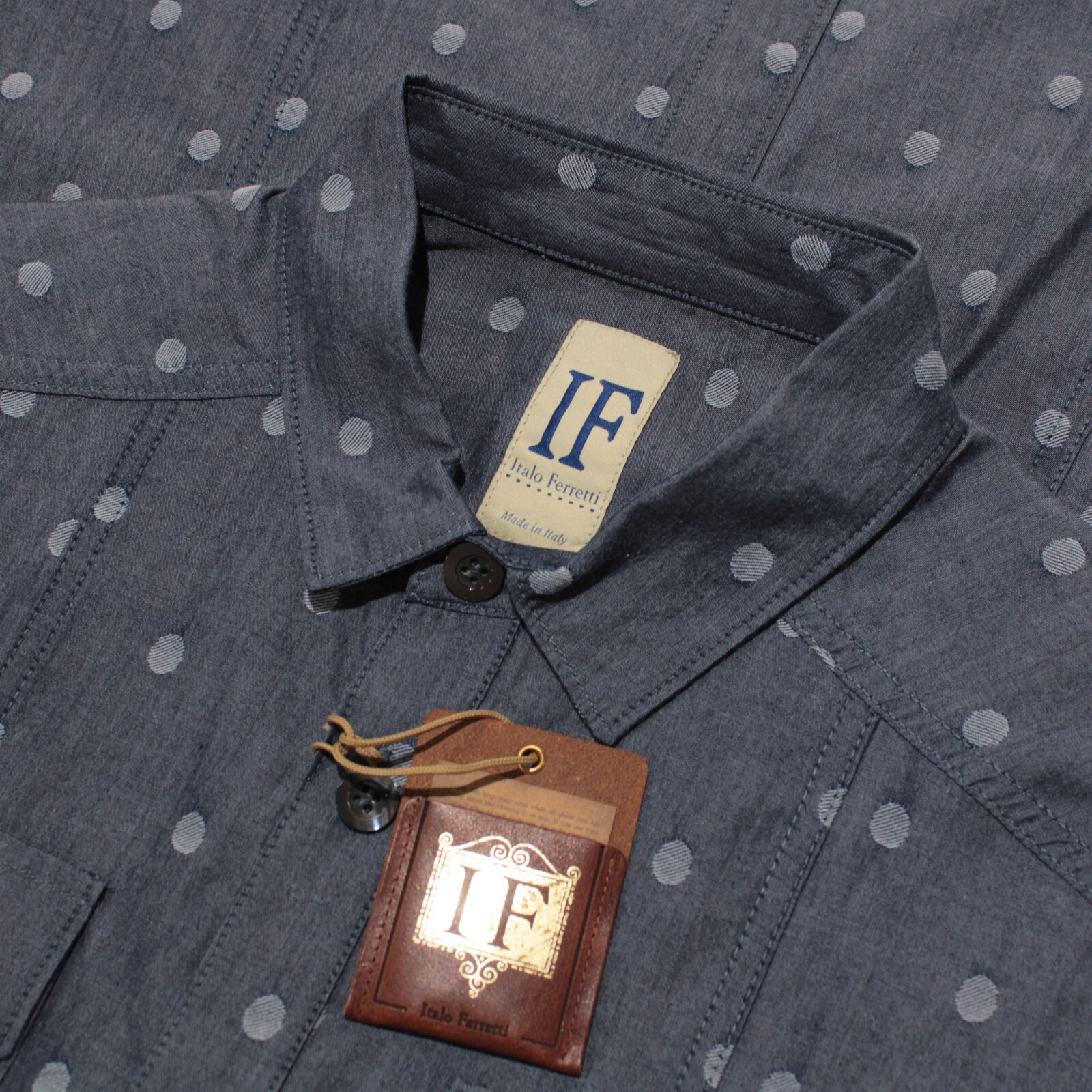 Italo Ferretti NWT Casual Button Down Shirt Size L in Blue Polka Dot 100% Cotton