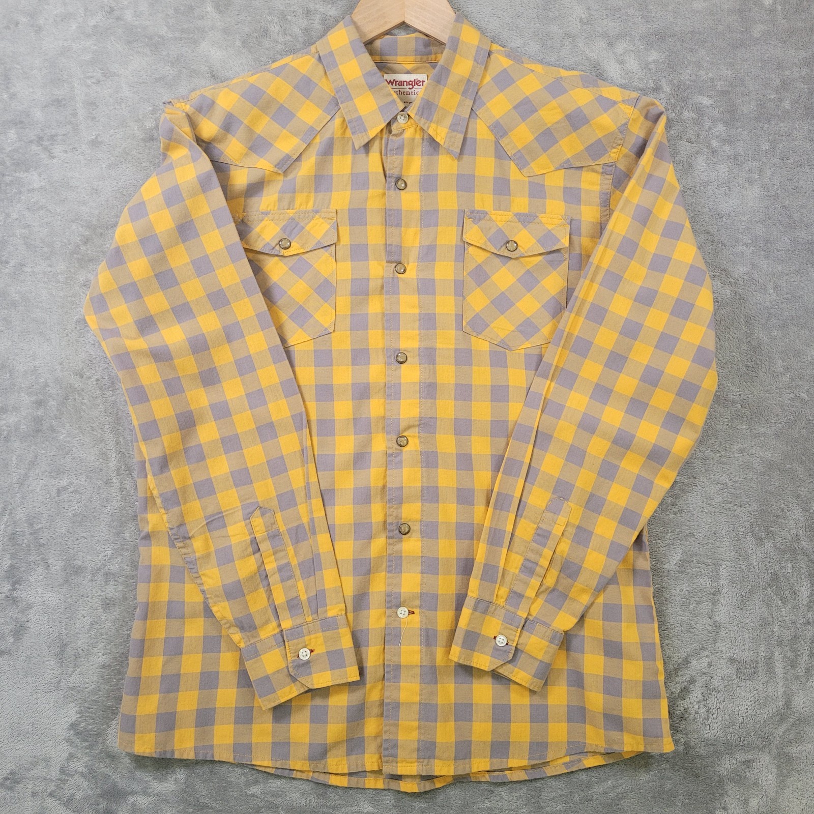 Wrangler Authentics Western Pearl Snap Shirt Men Large Yellow Gray Plaid Cowboy