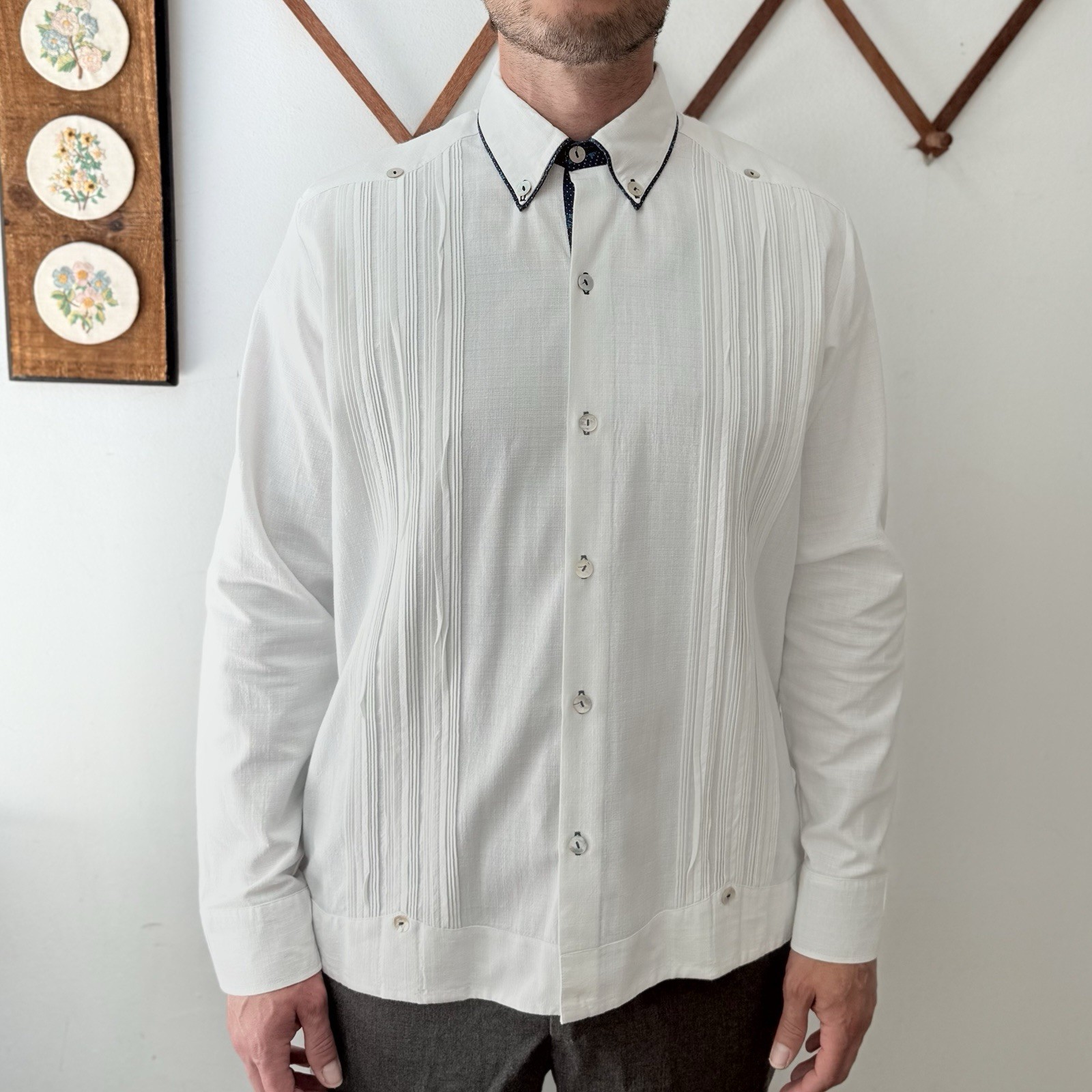 White Linen Casual Tuxedo Style Button Up Shirt Beach Wedding Mens 40 Medium
