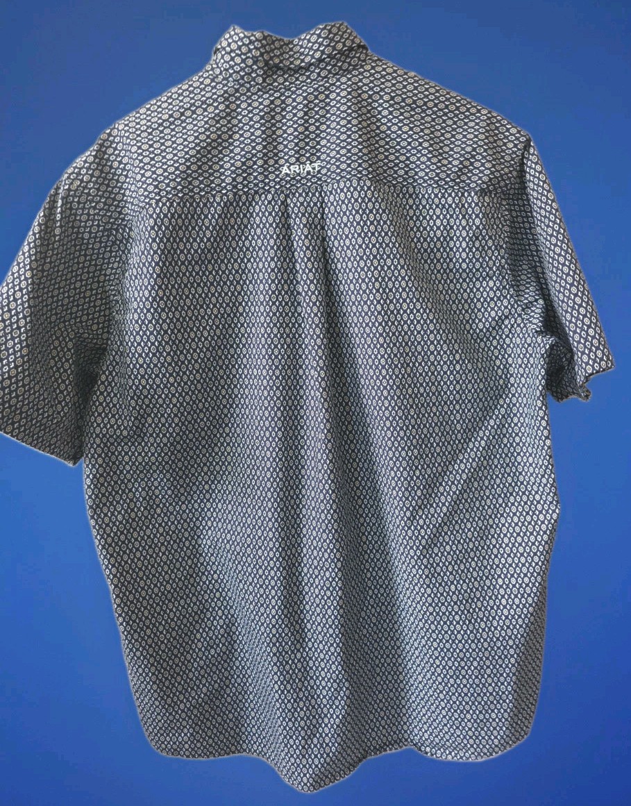 Ariat Mens Western Shirt Large Blue Geometric Print Short Sleeve Button Down EUC