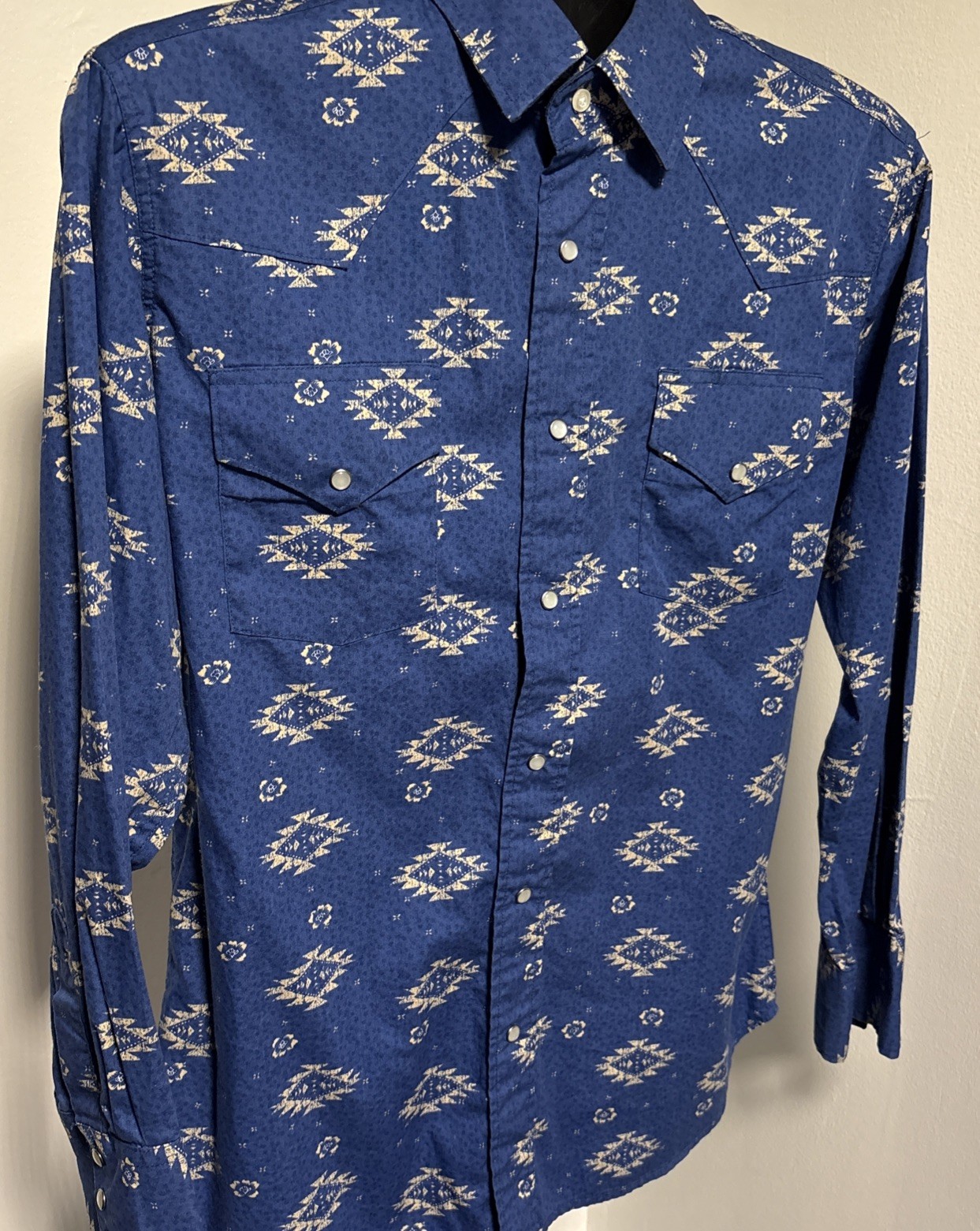 Ely Cattleman Shirt Mens Medium Blue Aztec Pearl Snap Western Cowboy Rodeo