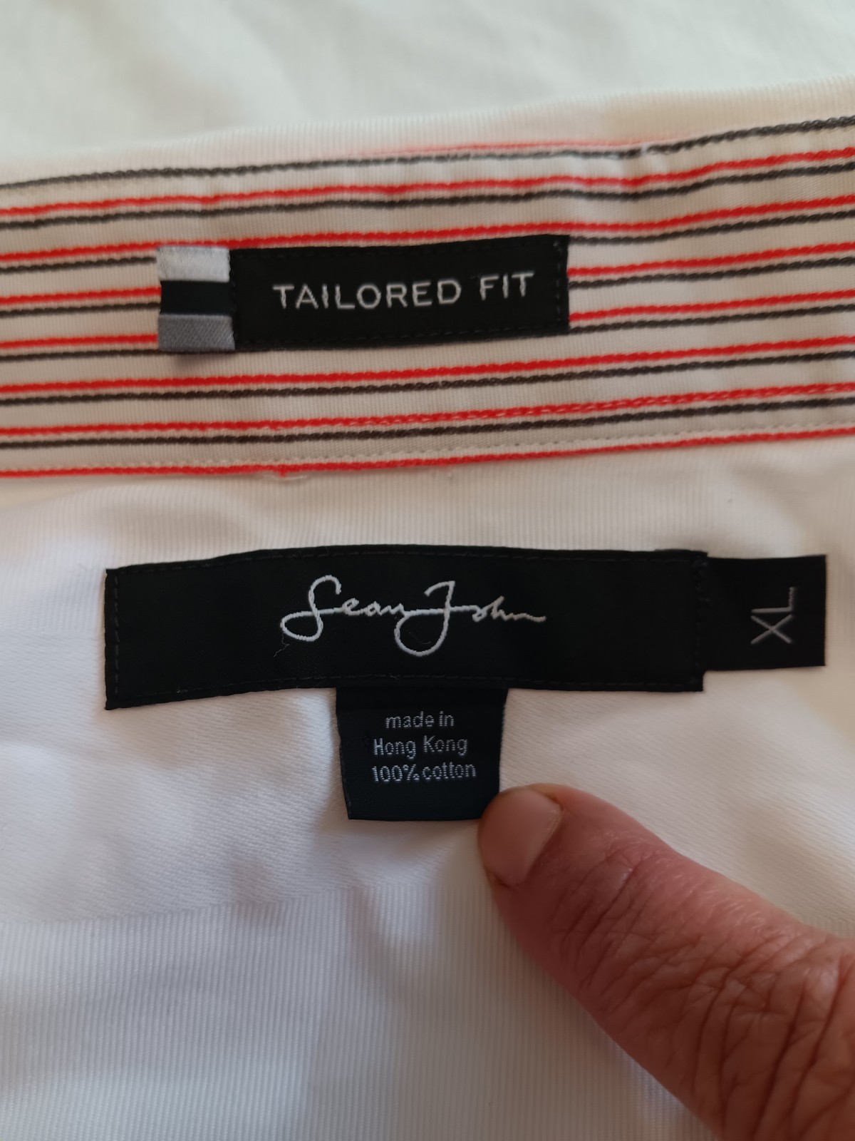 Sean John Men’s XL White Red Gray Striped Cotton Long Sleeve Button-Up, Tailored