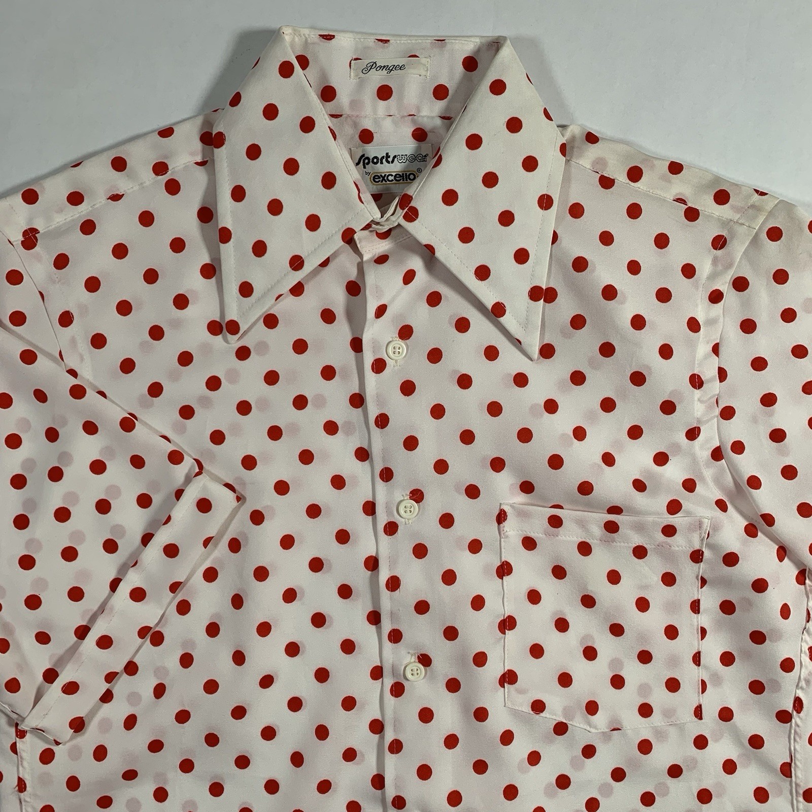 VTG 70s Excello Butterfly Collar Short Sleeve Button Shirt Mens Small Polka Dot