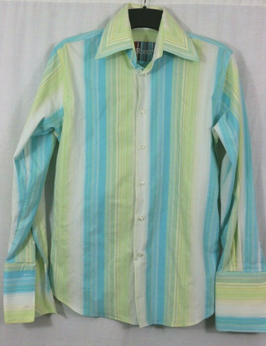 ROAR Men’s M Colorful Dress Shirt Blue Green Stripe Convertible Cuff Marlow