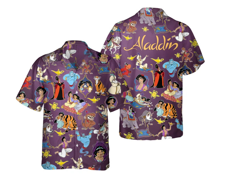 Disney Aladdin Group Characters Jasmine Genie Jafar Family Trip Hawaiian Shirt