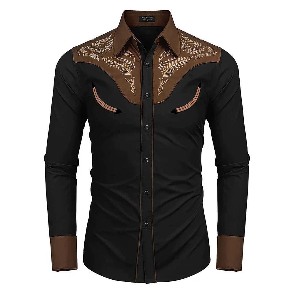 Men’s Western Cowboy Shirt Long Sleeve Retro Printing Casual Buttons Down Shirts