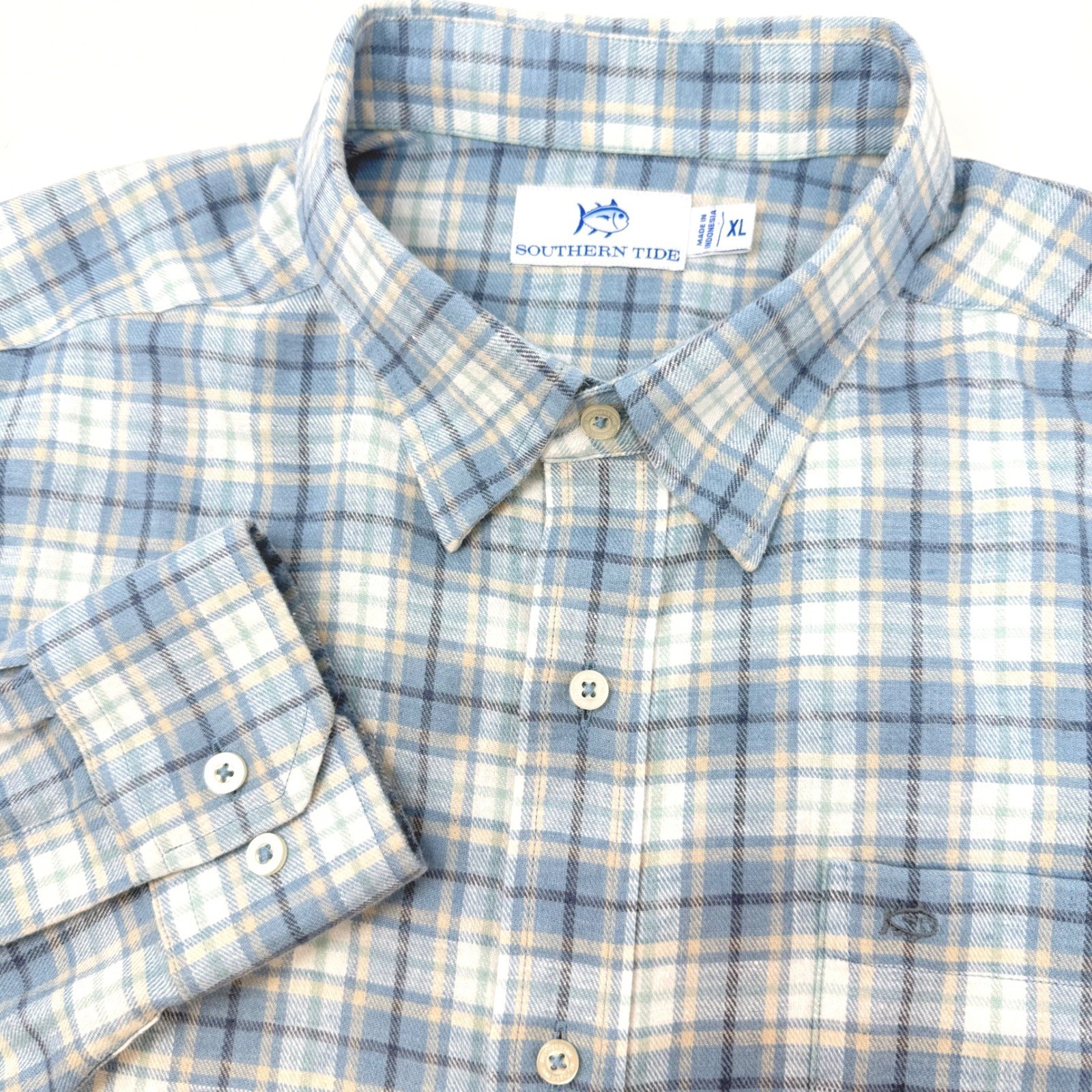 Southern Tide Mens XL Blue Plaid Hemp Blend Long Sleeve Button Down Shirt 10307