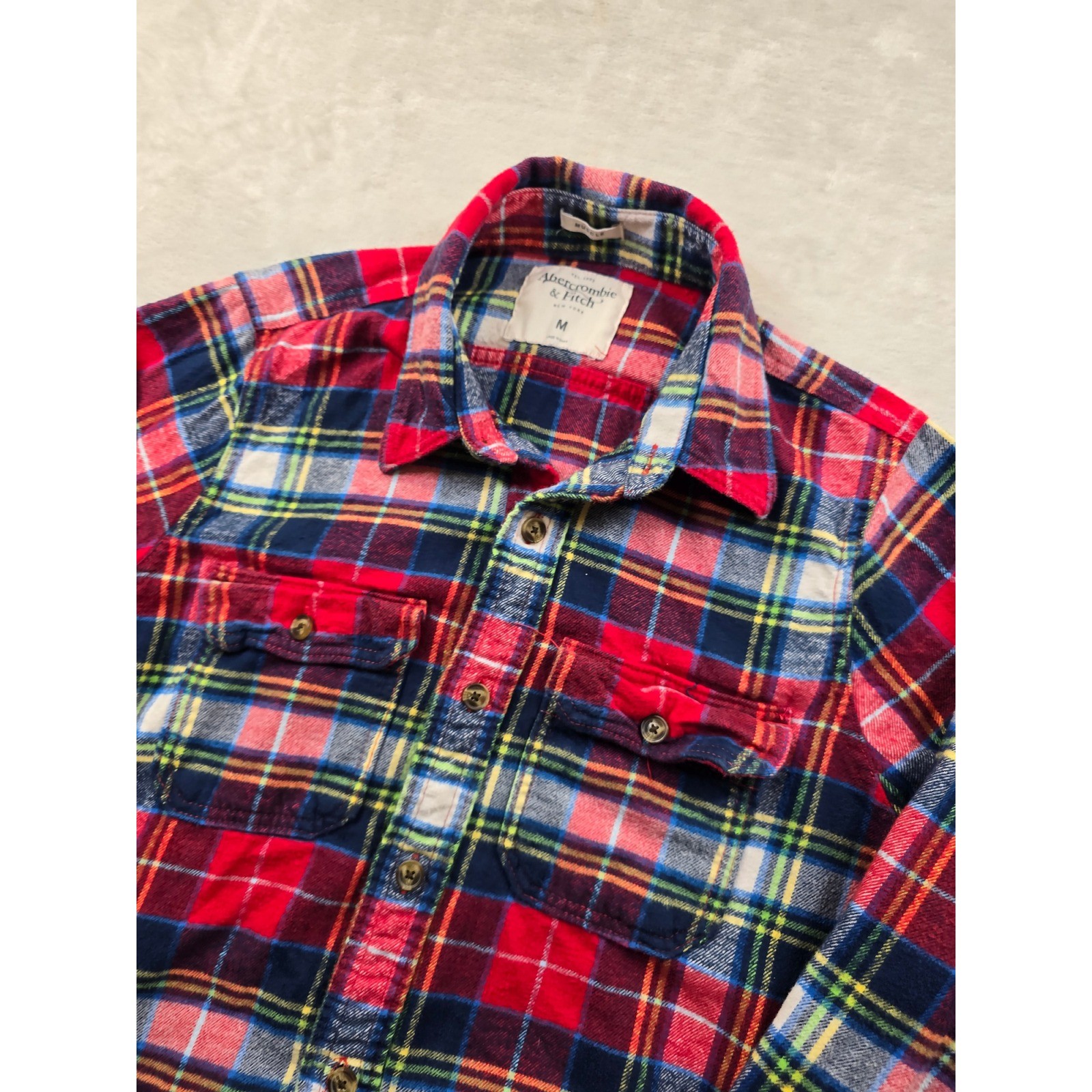 Abercrombie & Fitch Flannel Shirt Mens Medium Red Blue Plaid Cotton Muscle Fit