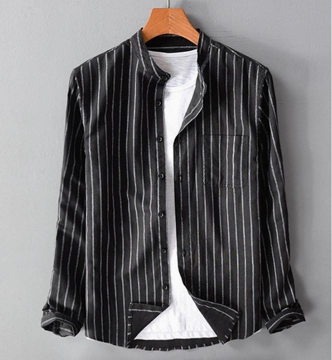 Mens Long Sleeve Retro Striped Shirt Collarless Grandad Casual Dress Shirts Tops