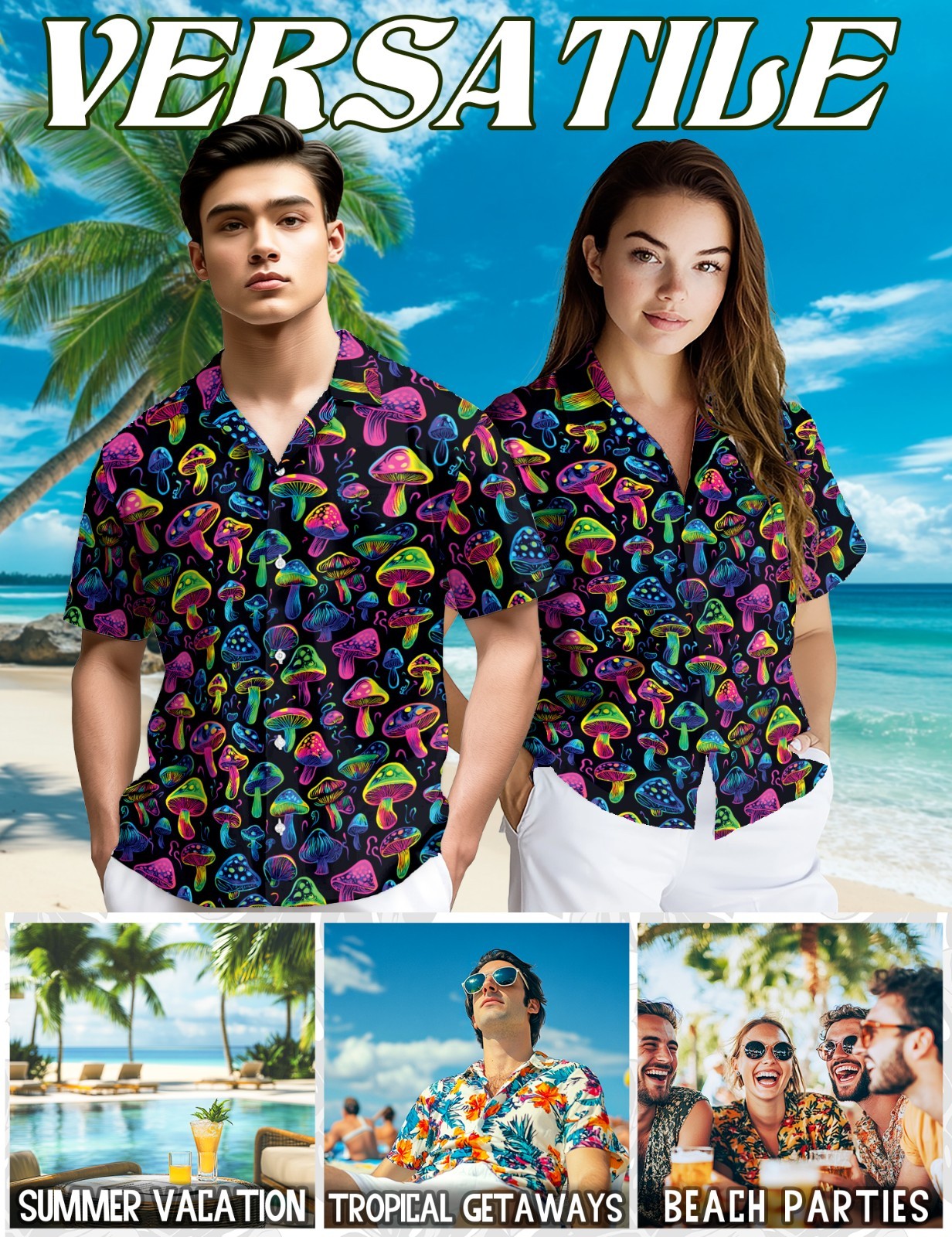 Neon Mushroom Hawaiian Shirt Psychedelic Retro Graphic Aloha Unisex