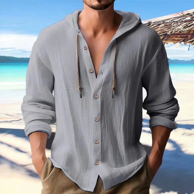 Men’s Solid Linen Long Sleeve Hooded Shirt Casual Streetwear Clothing Men Gift