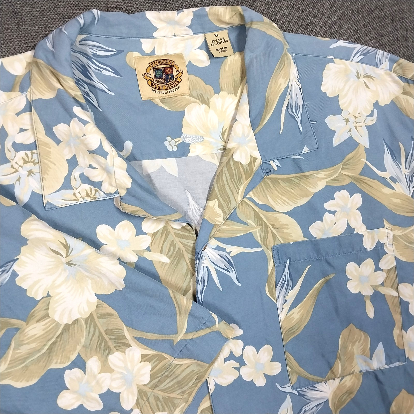 Pusser’s West Indies Hawaiian Shirt Blue Floral Silk Cotton Blend XL