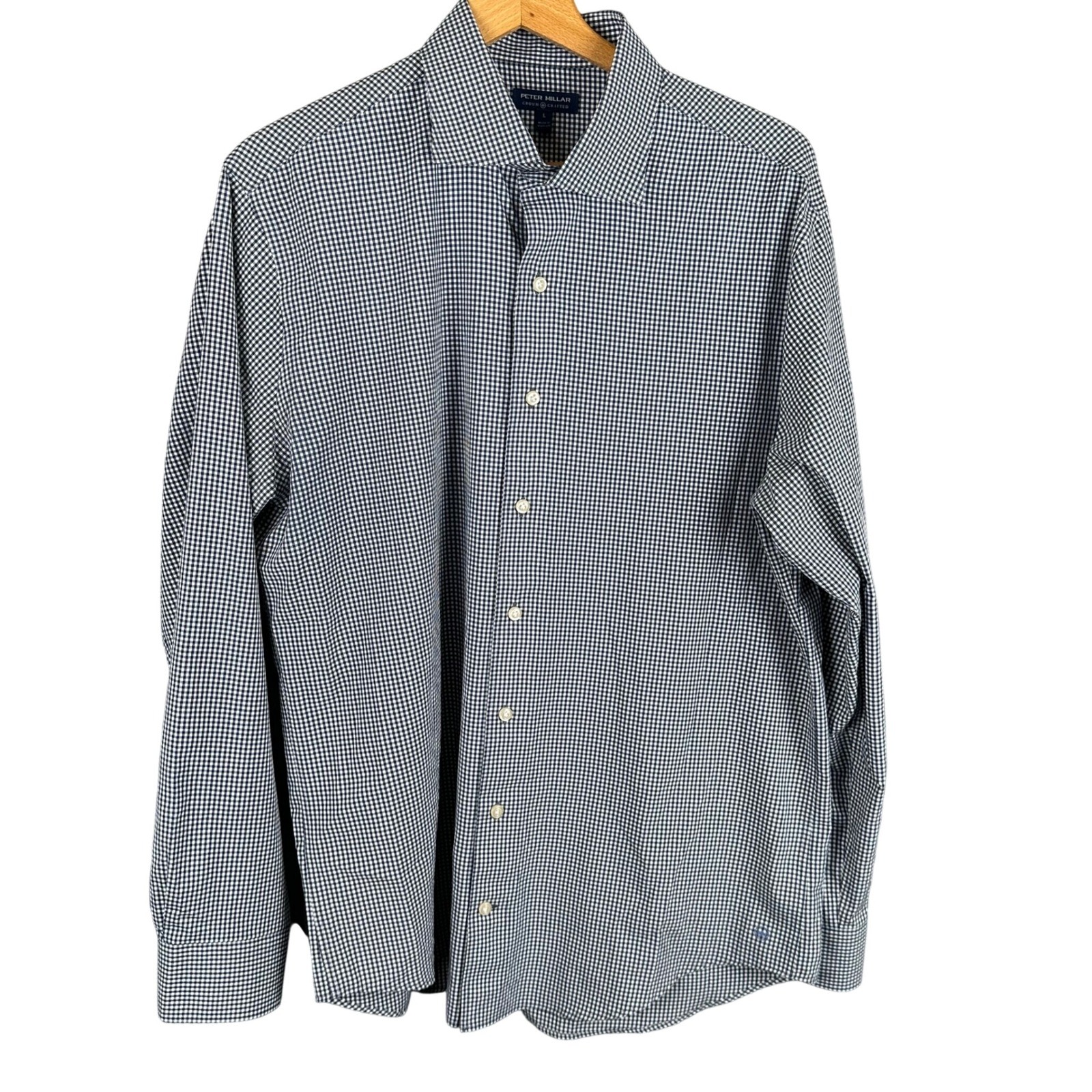 Peter Millar Crown Crafted Mens Large Navy Gingham Check Performance Shirt L