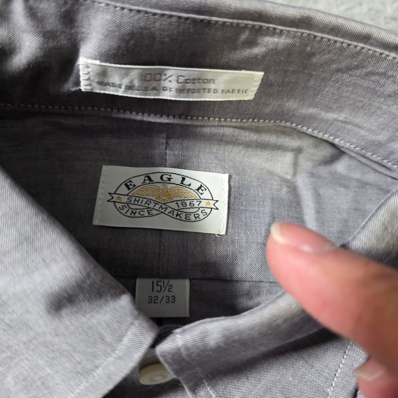 Eagle Shirtmakers Mens 15.5 32/33 Button Down Shirt Grey Solid Cotton Long Sleev