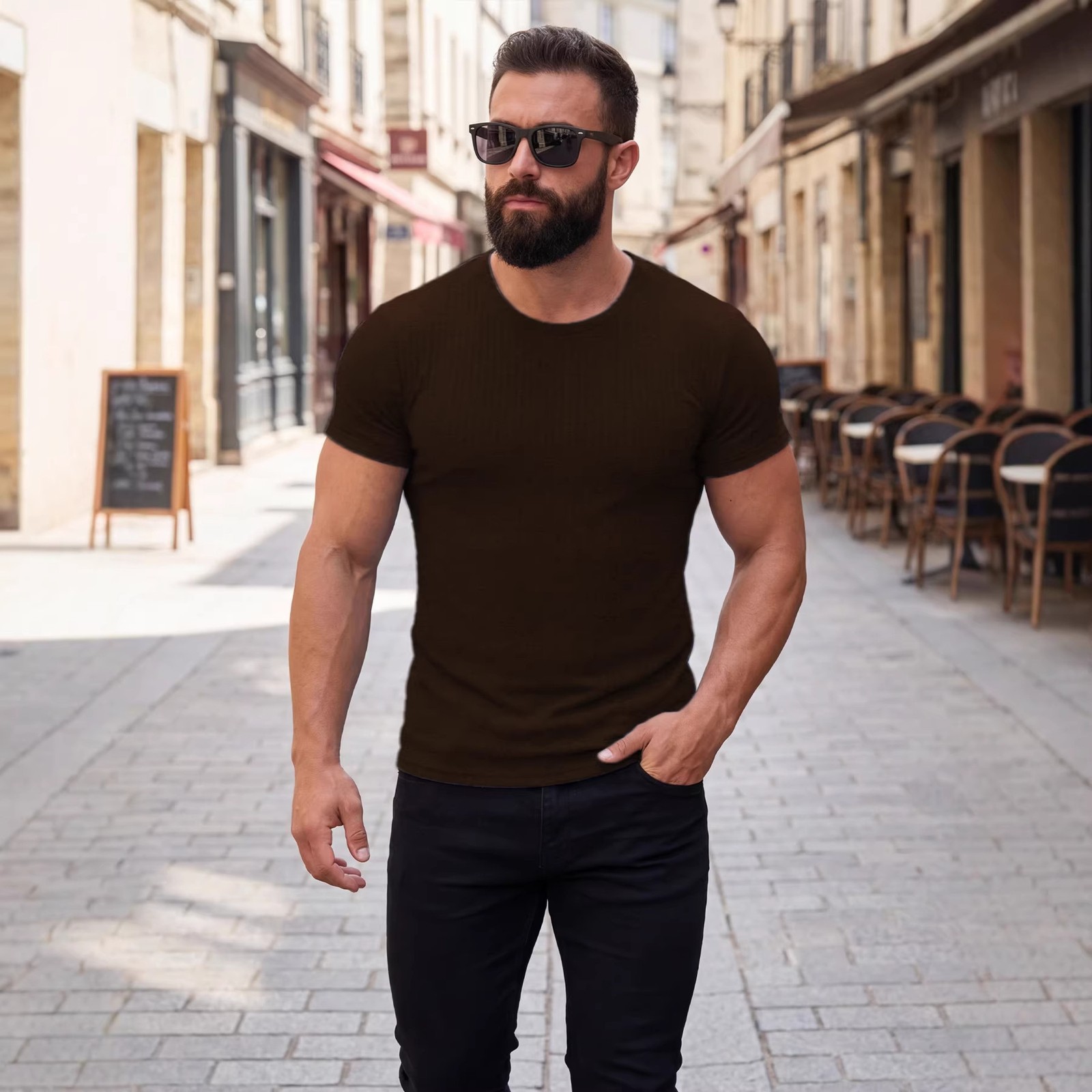 Summer Vertical Stripe Stretch Crew Neck Athletic Tee