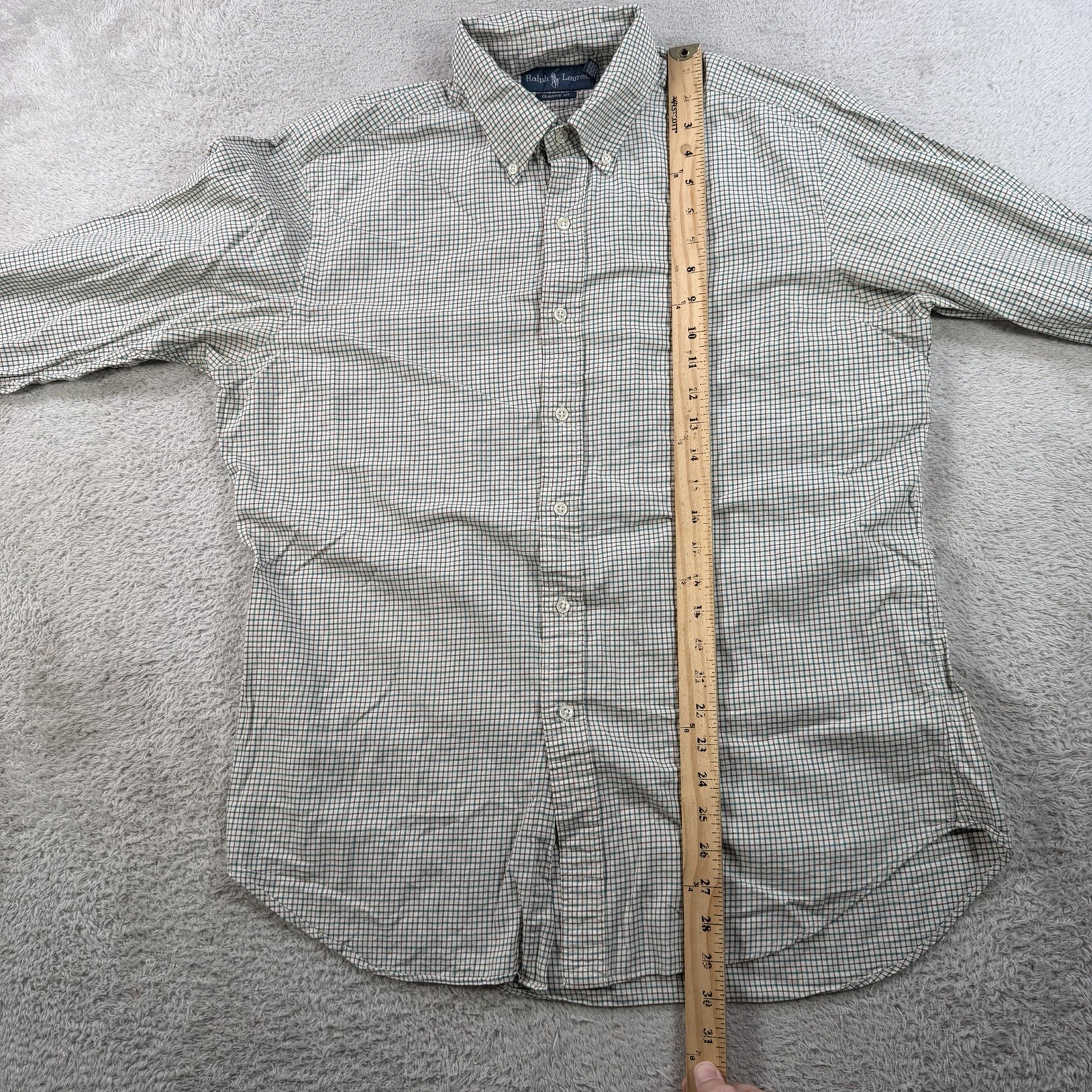 Polo Ralph Lauren Shirt Mens Large Beige Teal Check Long Sleeve Button Down Pony