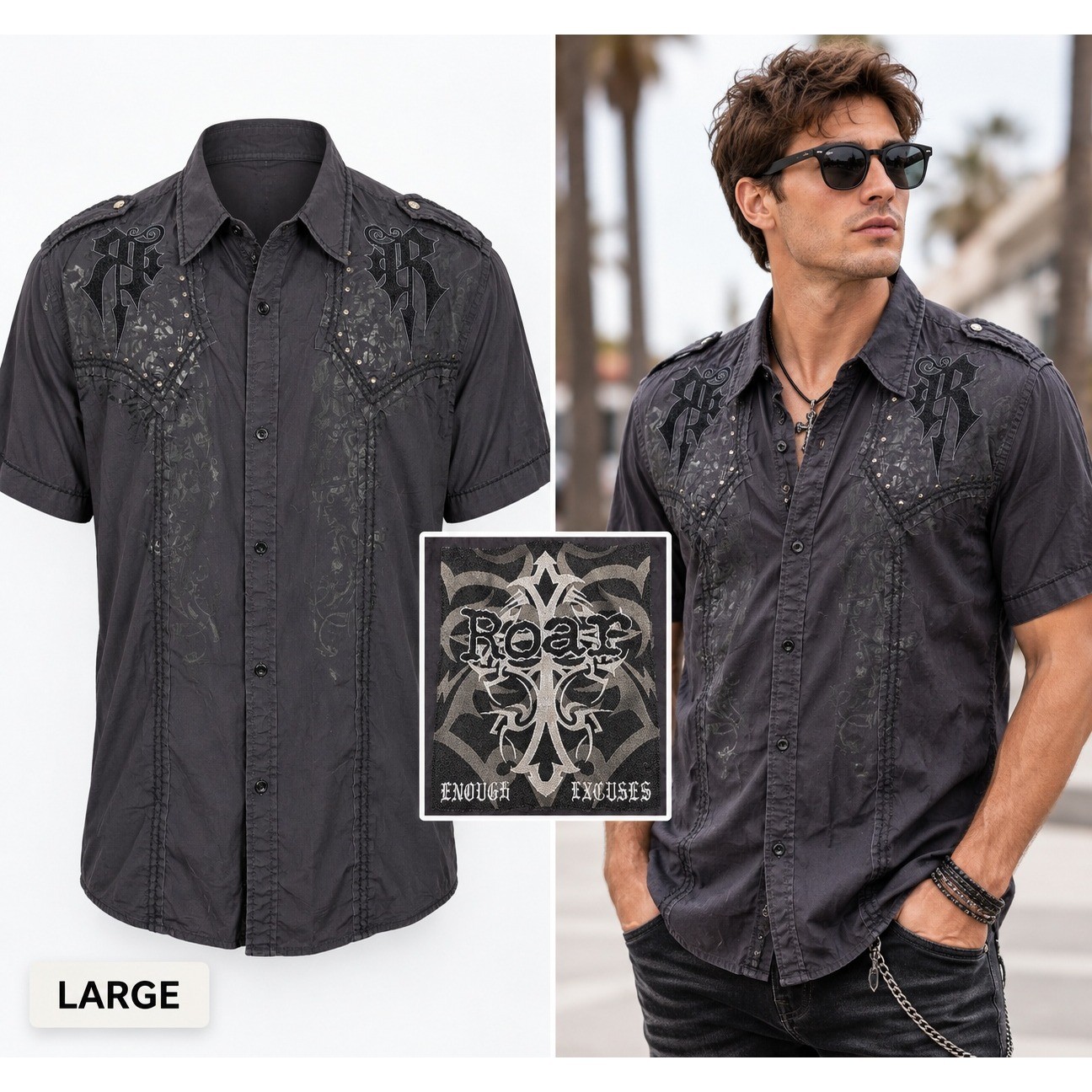 Roar Button Down Shirt Mens L Black Embroidered Rhinestone Cross Enough Excuses